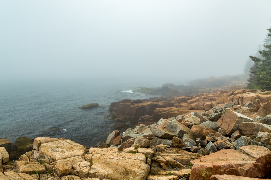 Fog covered rocky Maine coast beach