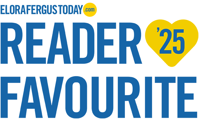 Logo with text 'Elora Fergus Today.com Reader '25' Favorite' in blue, black, and yellow colors.