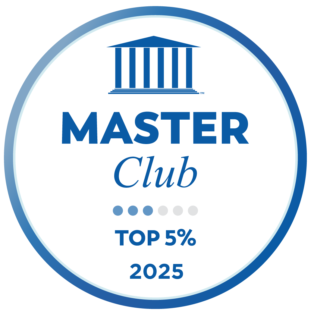 A badge indicating membership in the Master Club, presented for being in the top 5% of members in 2025, featuring a blue and white color scheme with a classical building at the top.