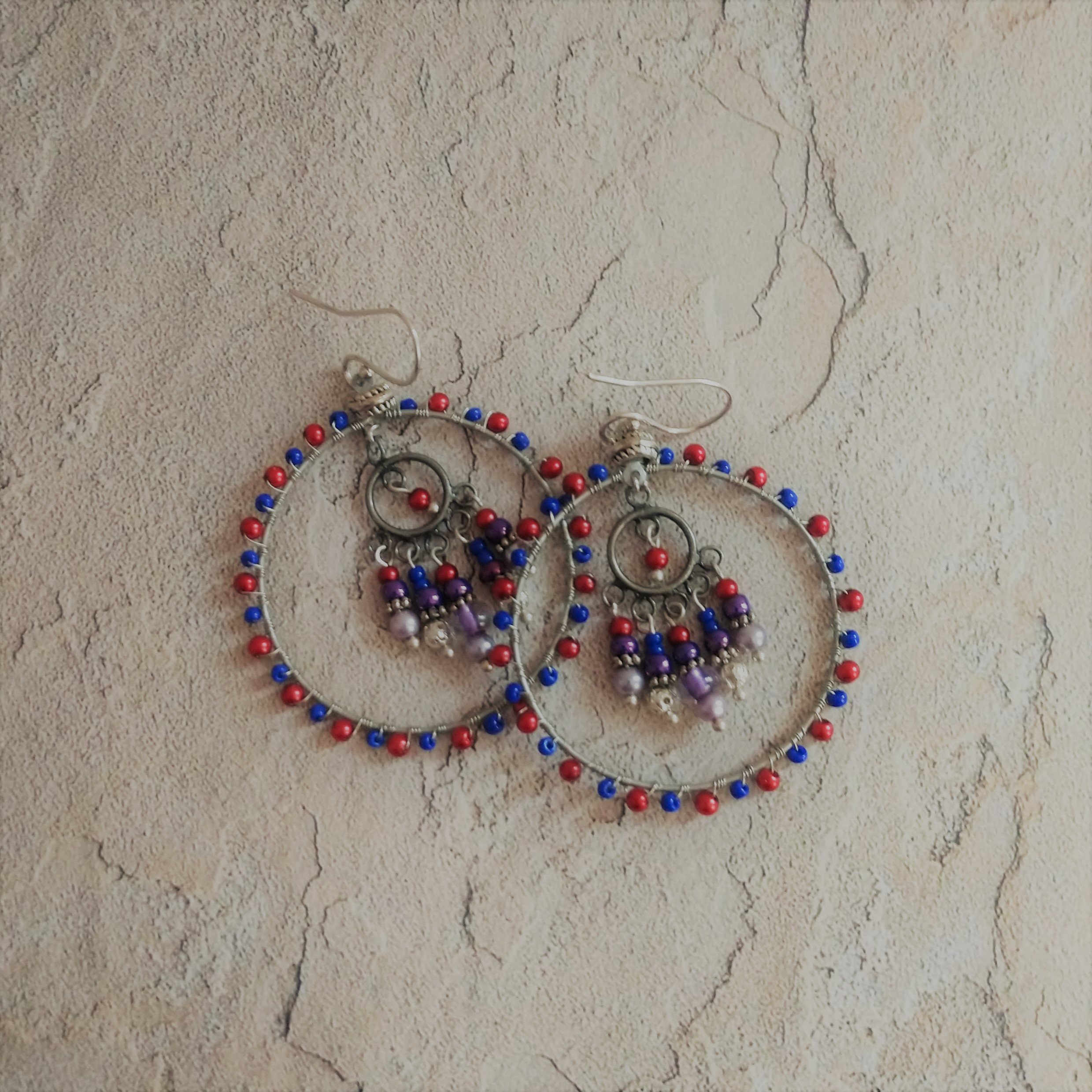 Hoop Earrings, Red & Blue & Silver
