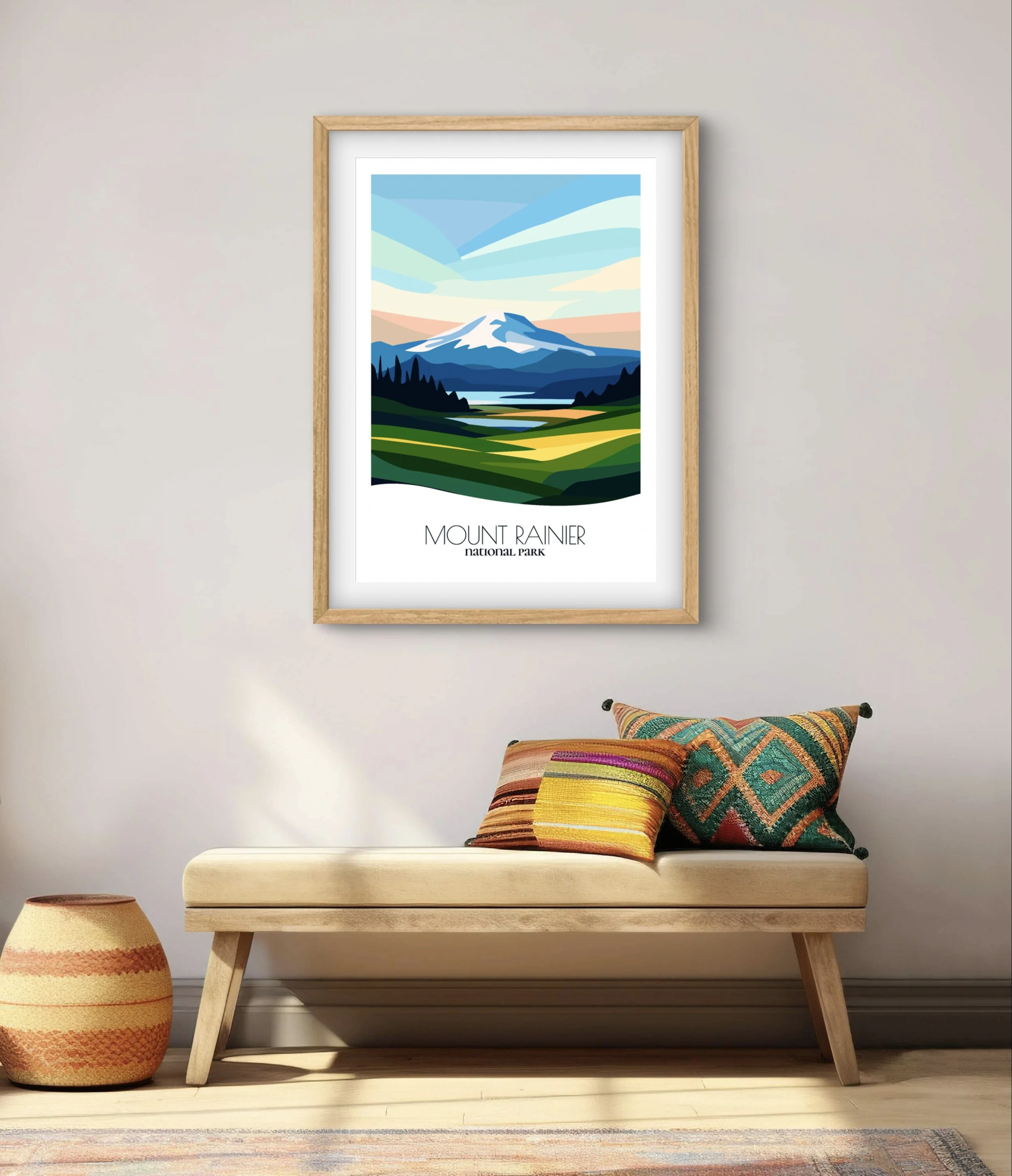 Modern minimalist art of Mount Rainier National Park, versatile decor for home and office.