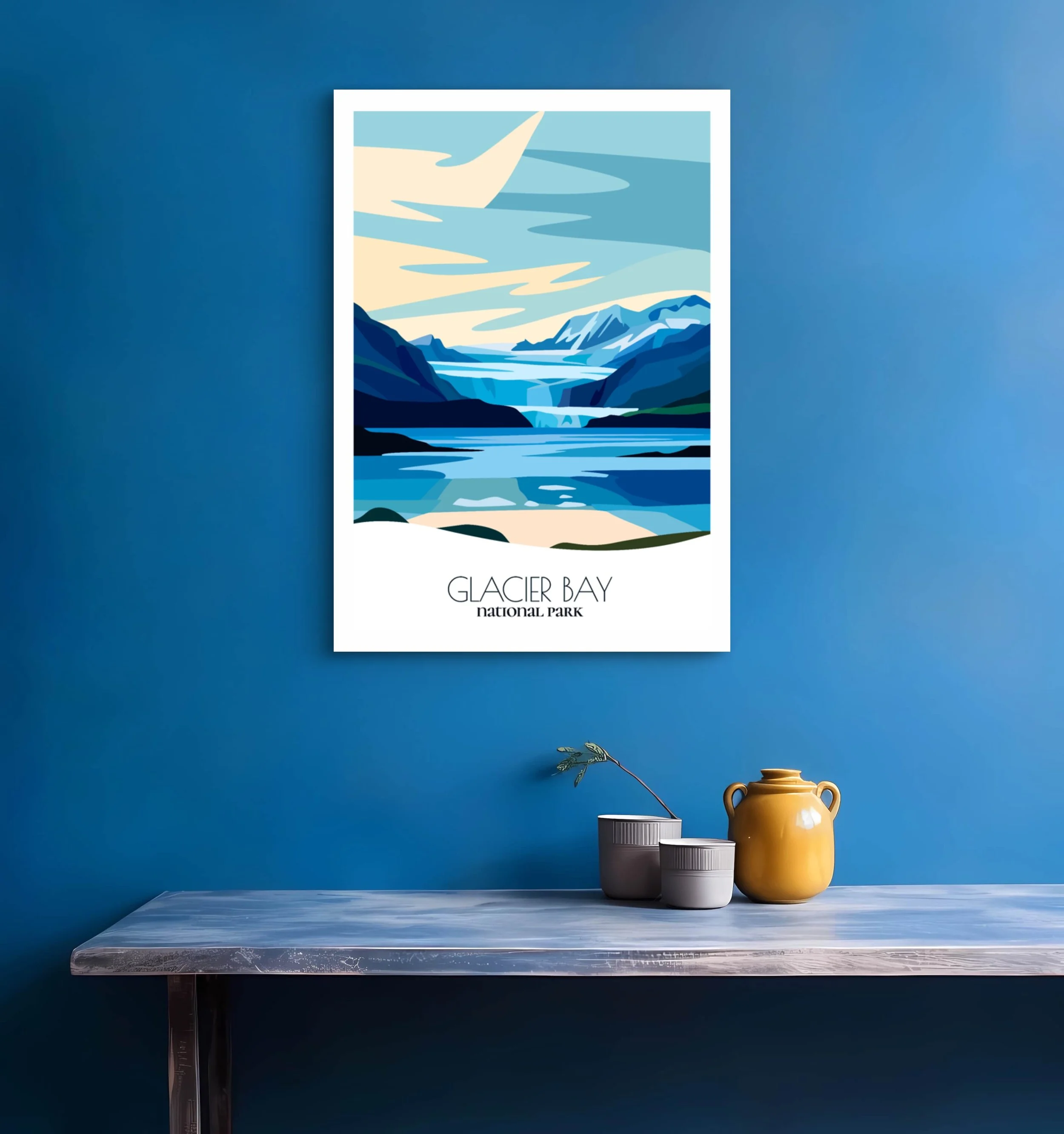 Bedroom print of Glacier Bay National Park with calming minimalist composition for Alaska homes.