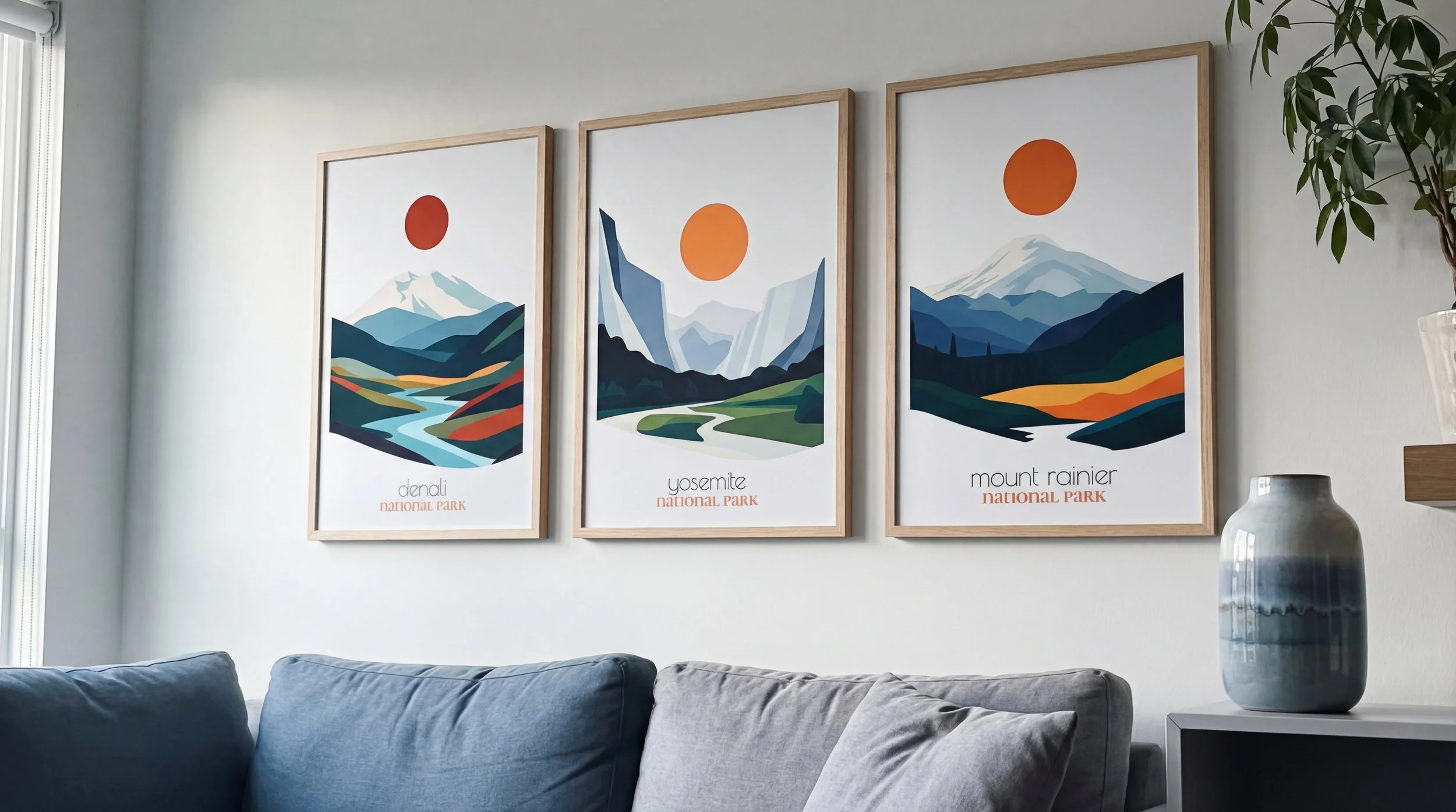 Three framed landscape posters on a white wall depicting mountains, rivers, and a red sun in a stylized, geometric art style, with text indicating Denali, Yosemite, and Mount Rainier national parks.