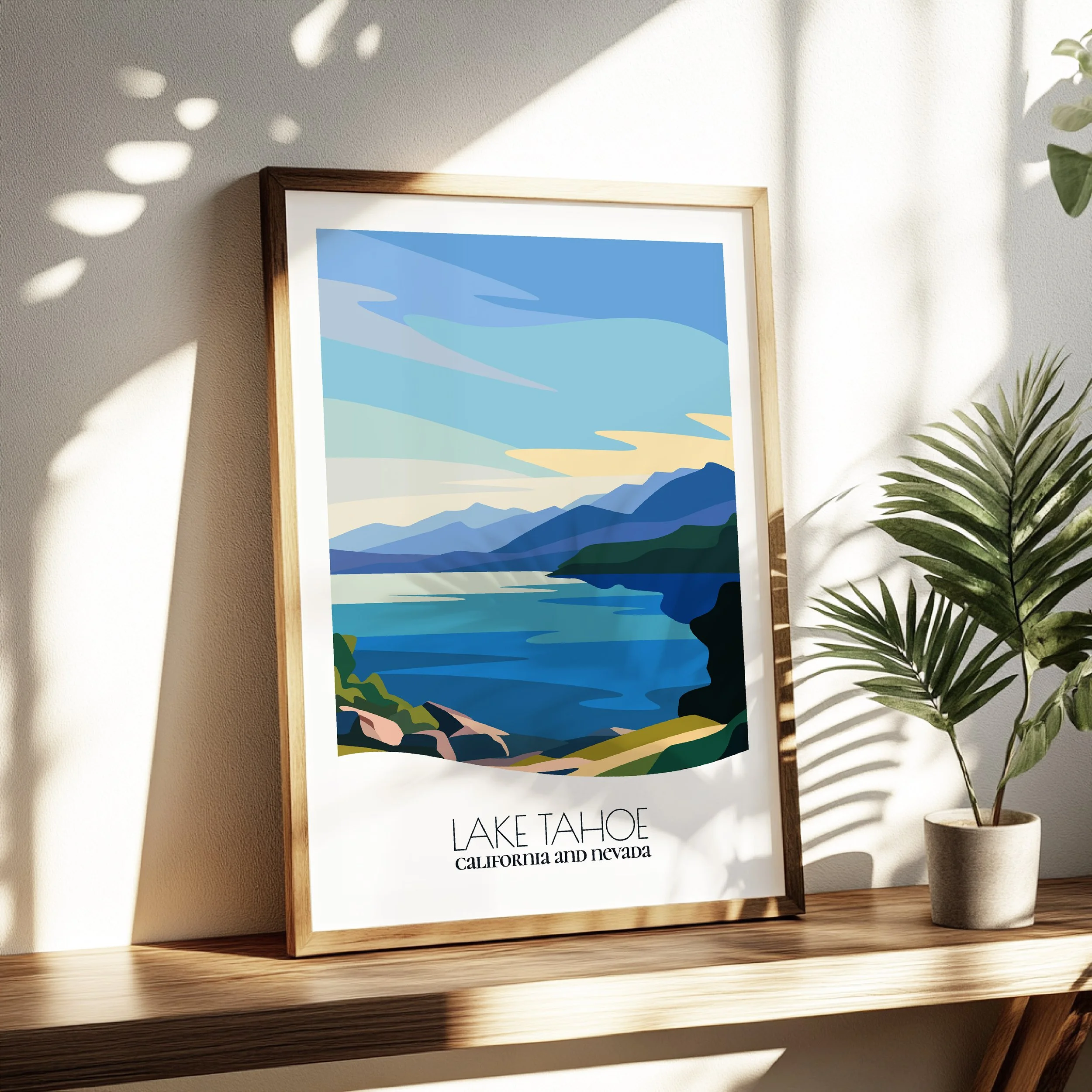 Living room wall decor featuring Lake Tahoe in neutral tones for modern interiors.