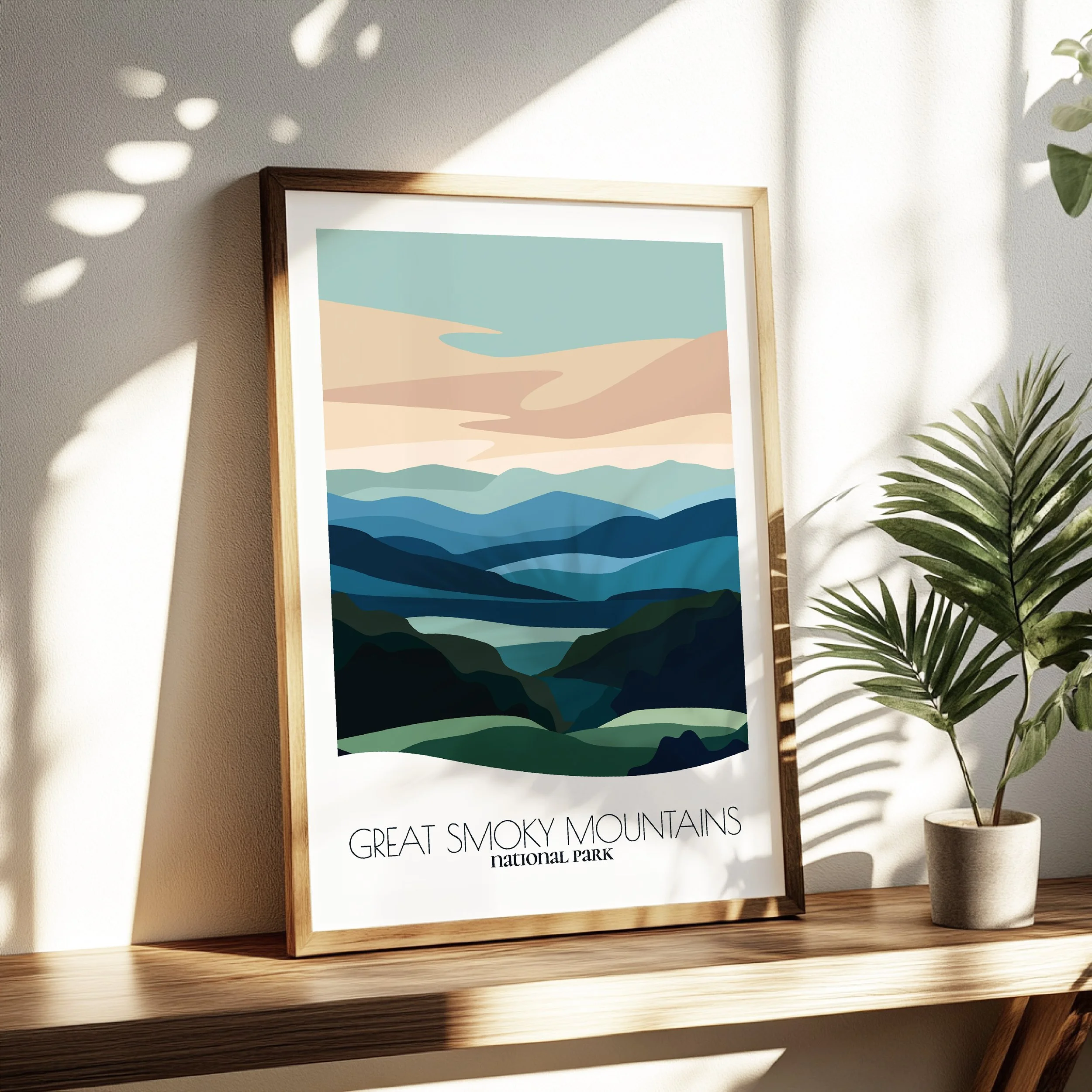 Living room wall decor featuring Great Smoky Mountains National Park in neutral tones for modern interiors.