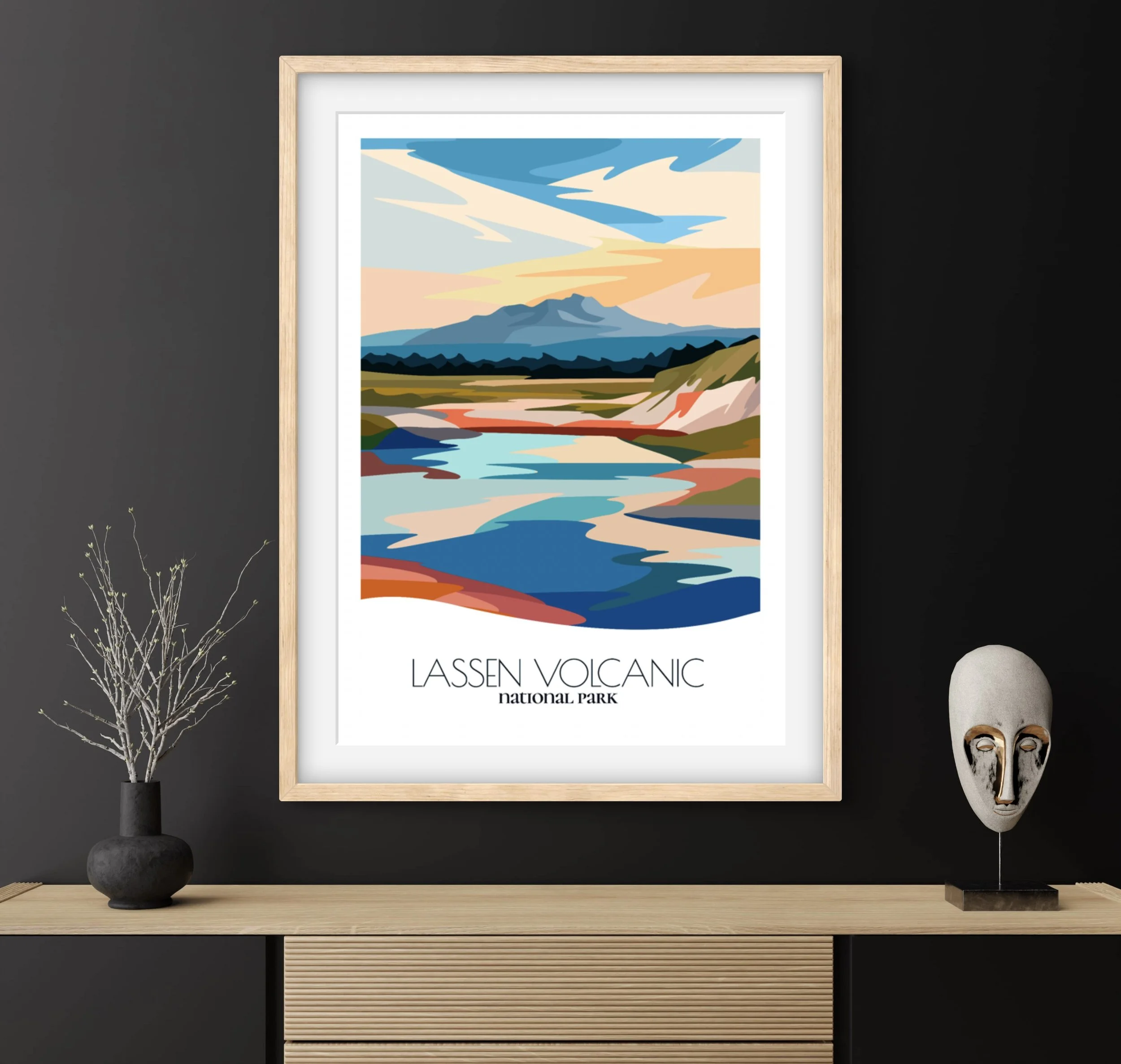 Travel gift idea: framed poster of lassen volcanic, ideal for adventure lovers.
