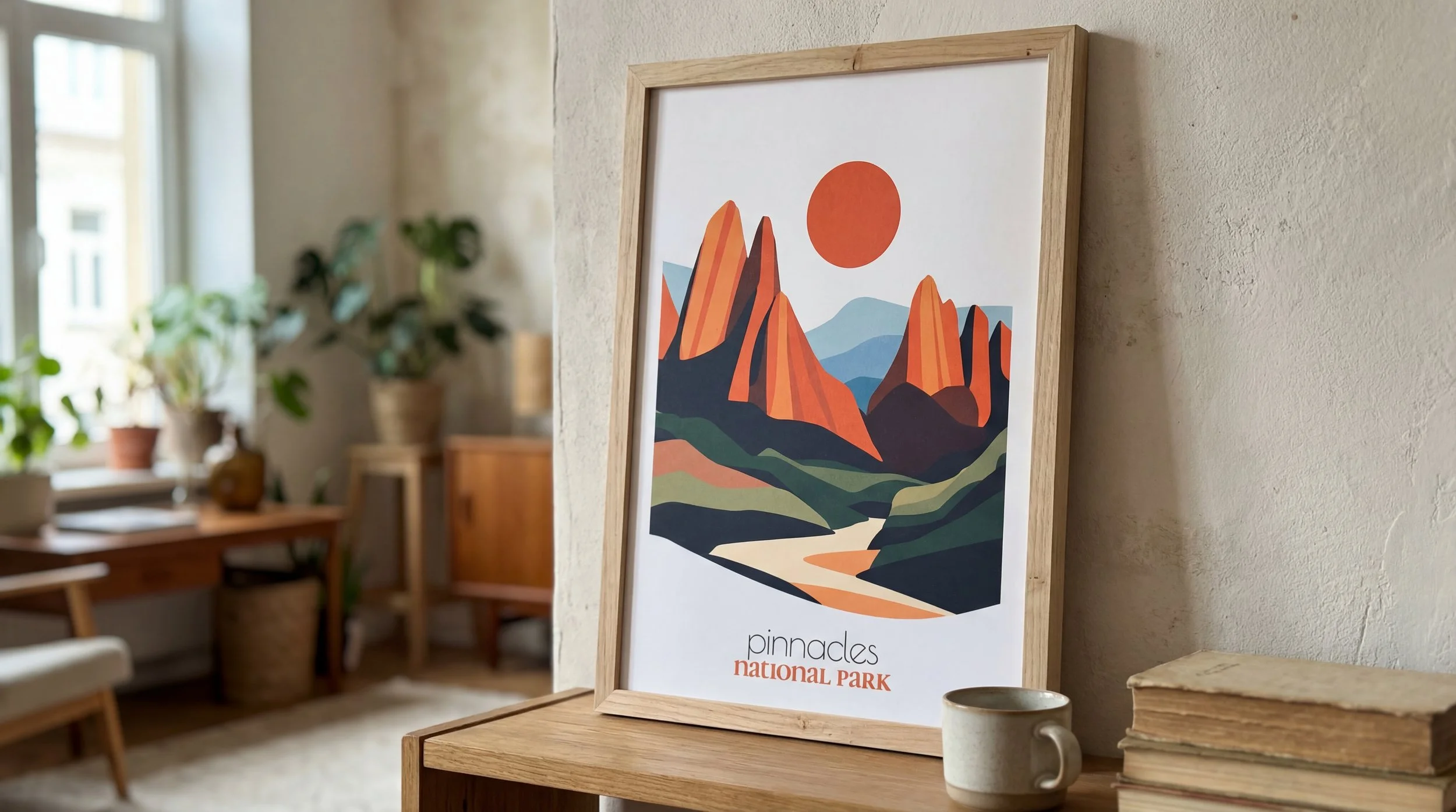 Framed colorful travel poster of Pinnacles National Park with mountains by Retravell