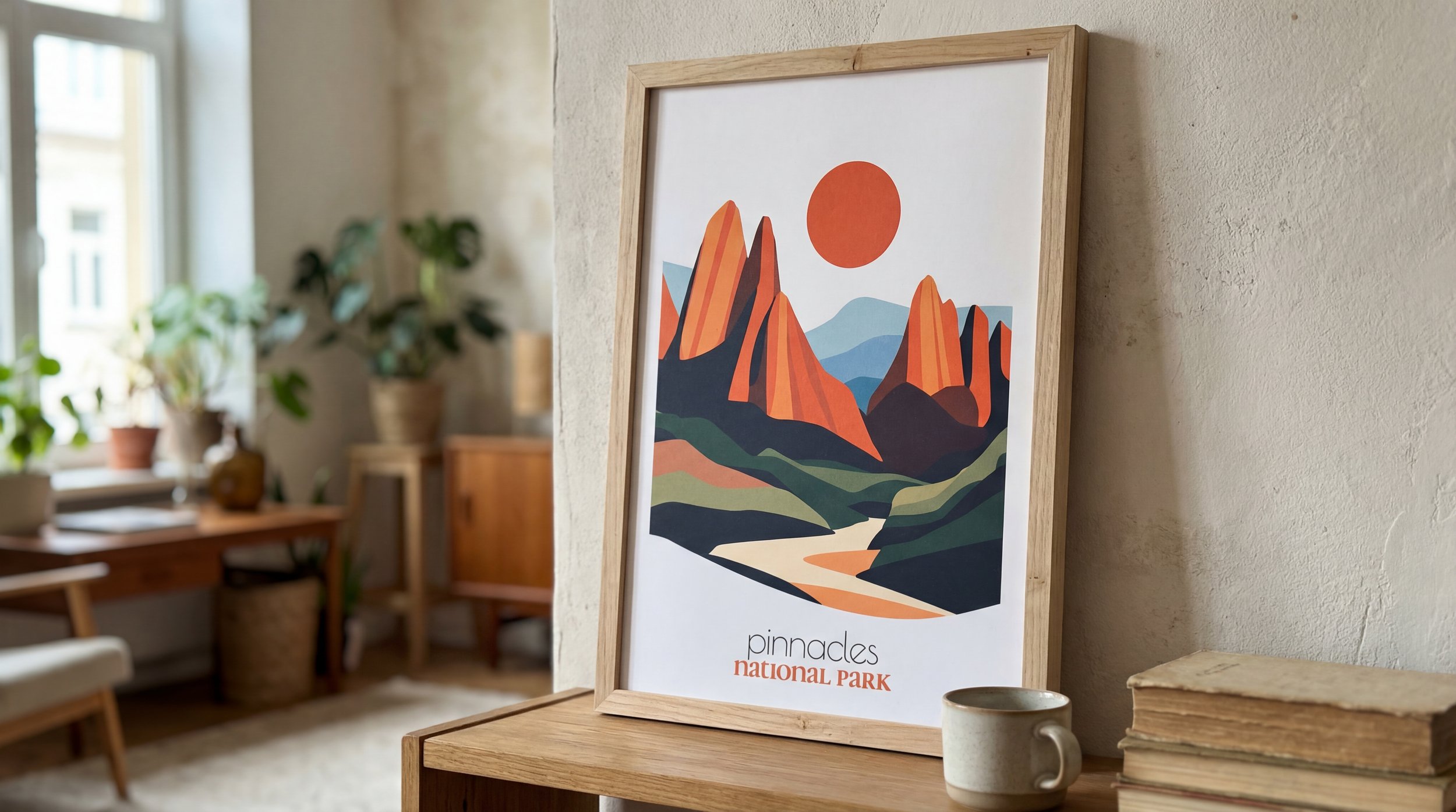 Minimalist abstract Pinnacles National Park poster close up. Clean bold rock formation wall art.
