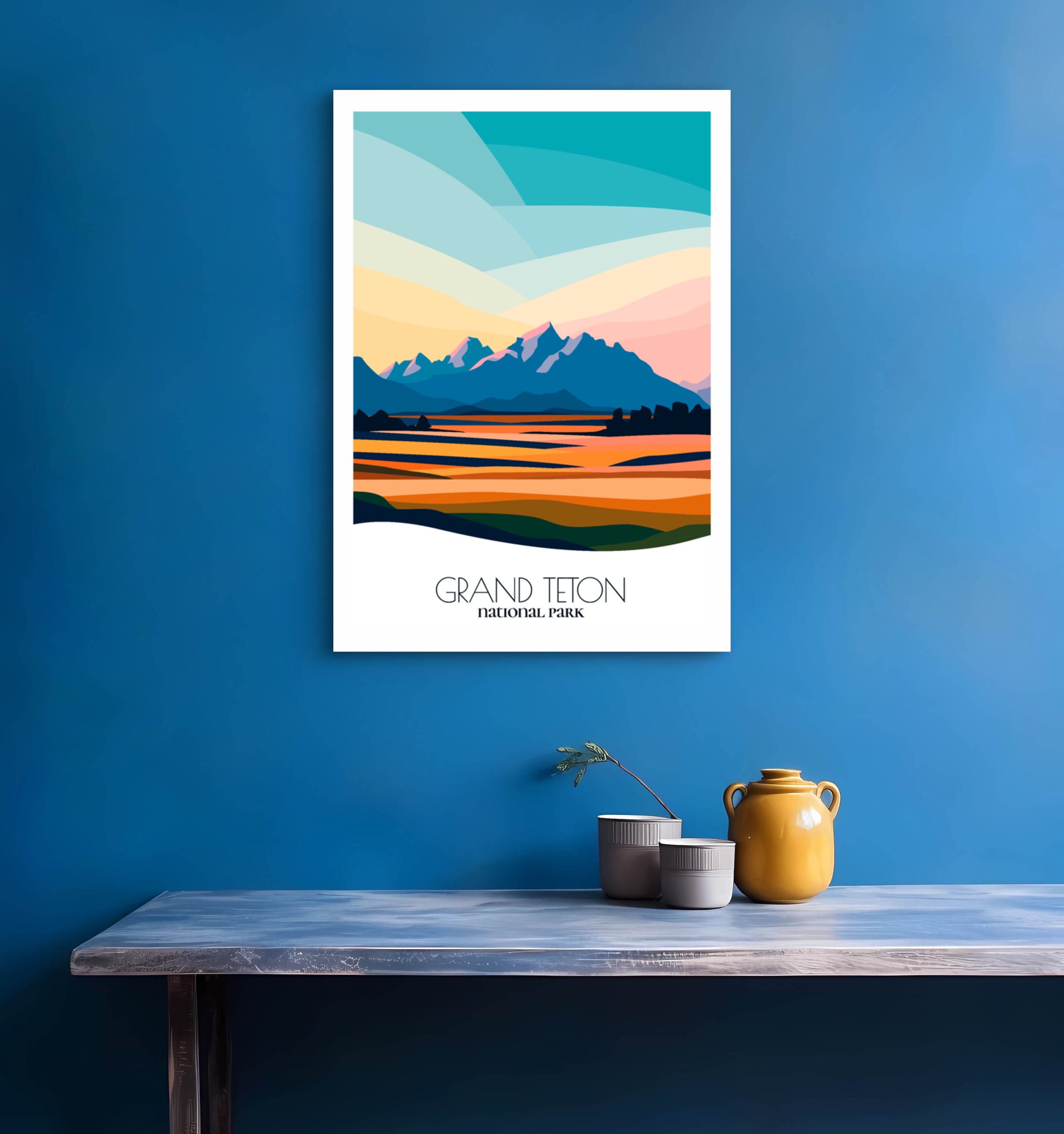 Bedroom print of Grand Teton National Park with calming minimalist composition for Wyoming homes.