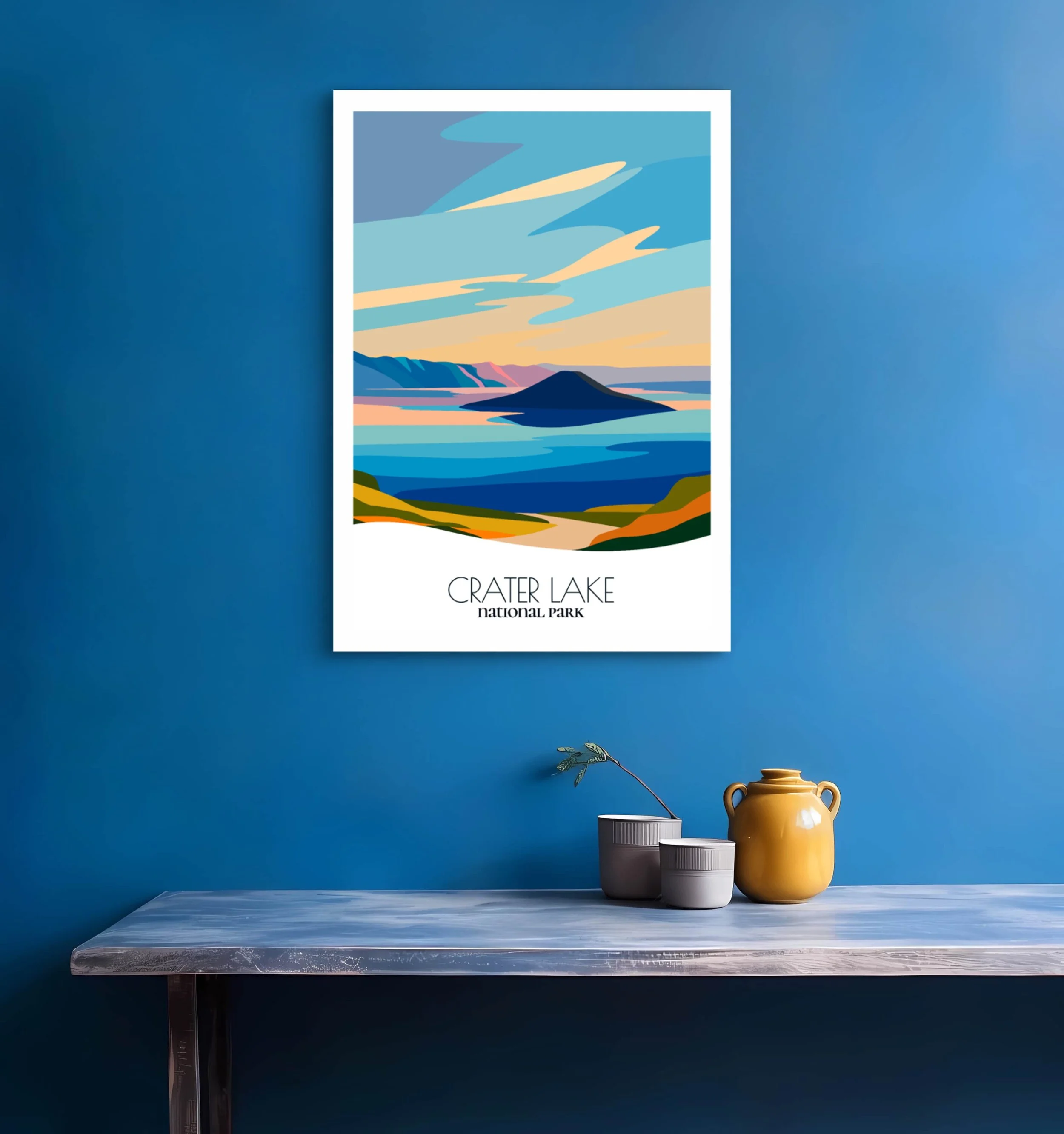 Bedroom print of Crater Lake National Park with calming minimalist composition for Southern Oregon homes.