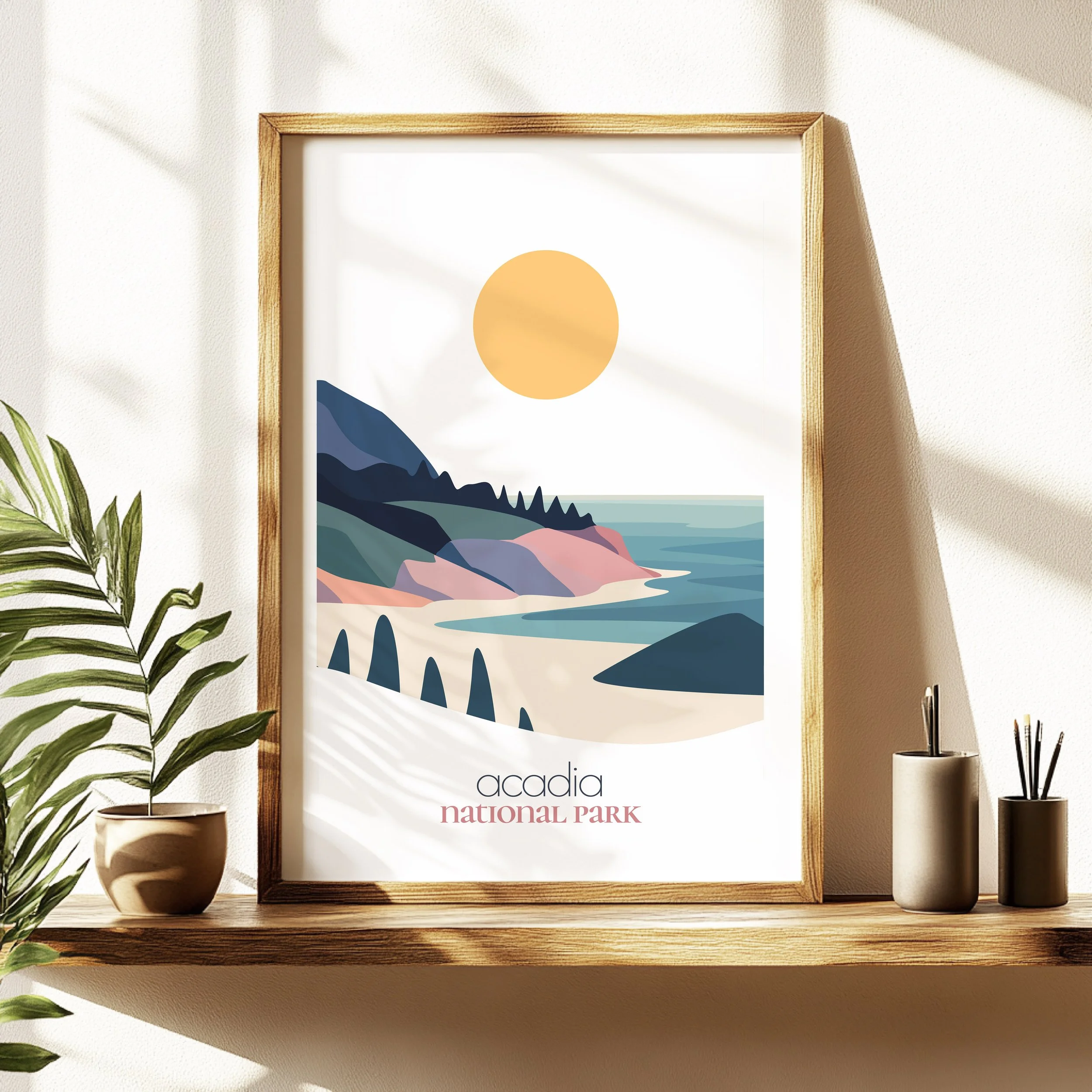 Acadia travel poster in a minimalist living room design