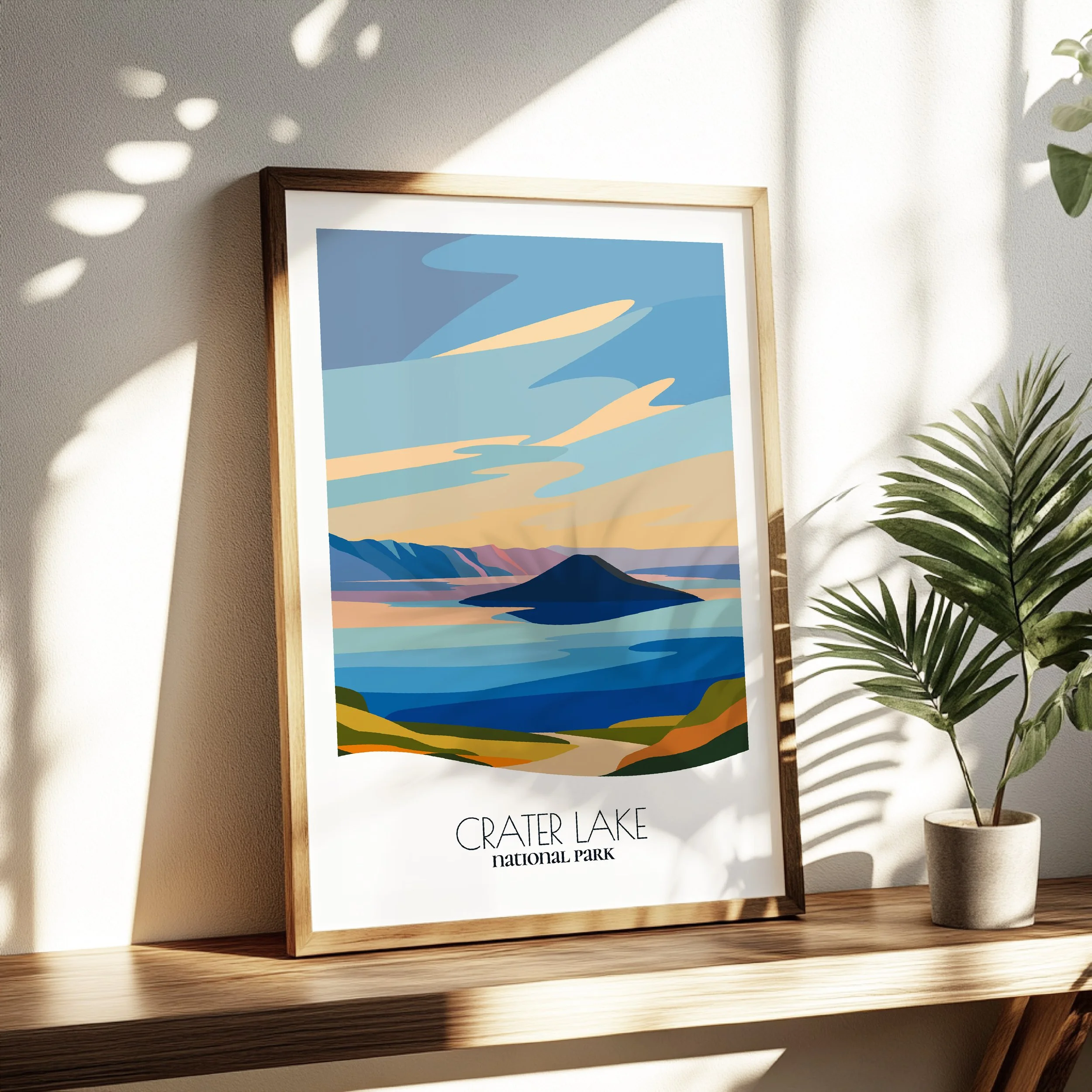 Living room wall decor featuring Crater Lake National Park in neutral tones for modern interiors.