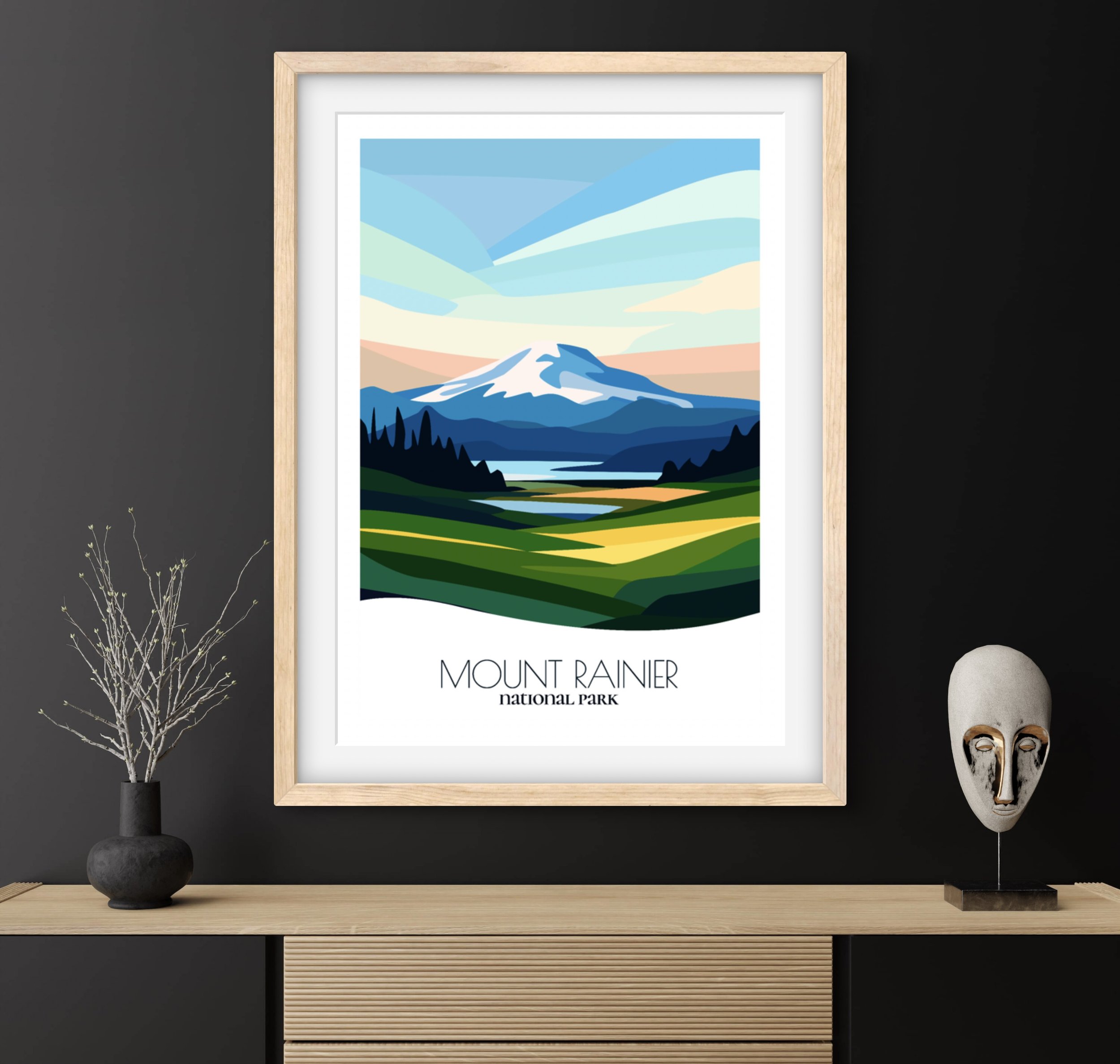 Travel gift idea: framed poster of Mount Rainier National Park, ideal for adventure lovers.
