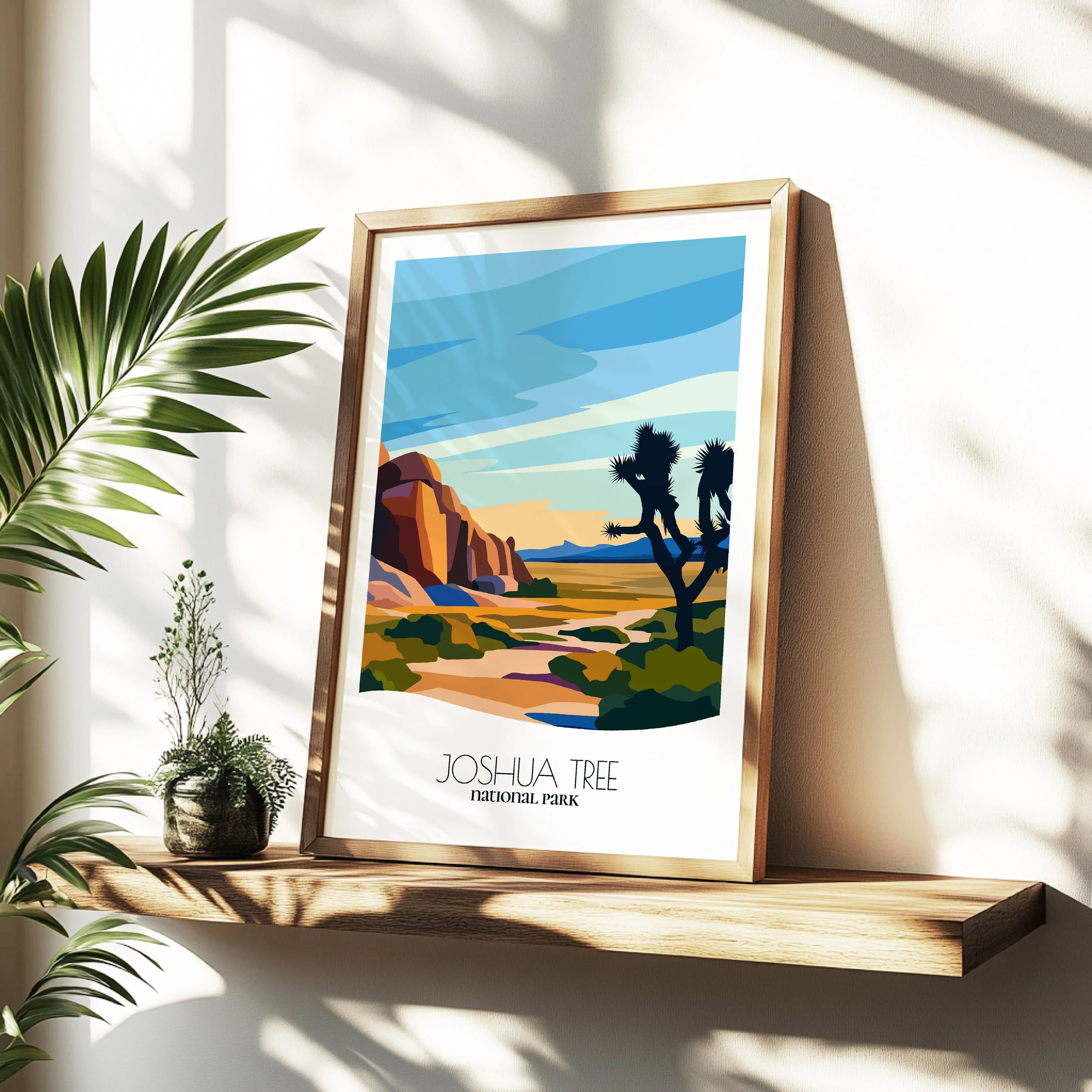 Minimalist travel poster of Joshua Tree National Park with clean modern design for travelers.