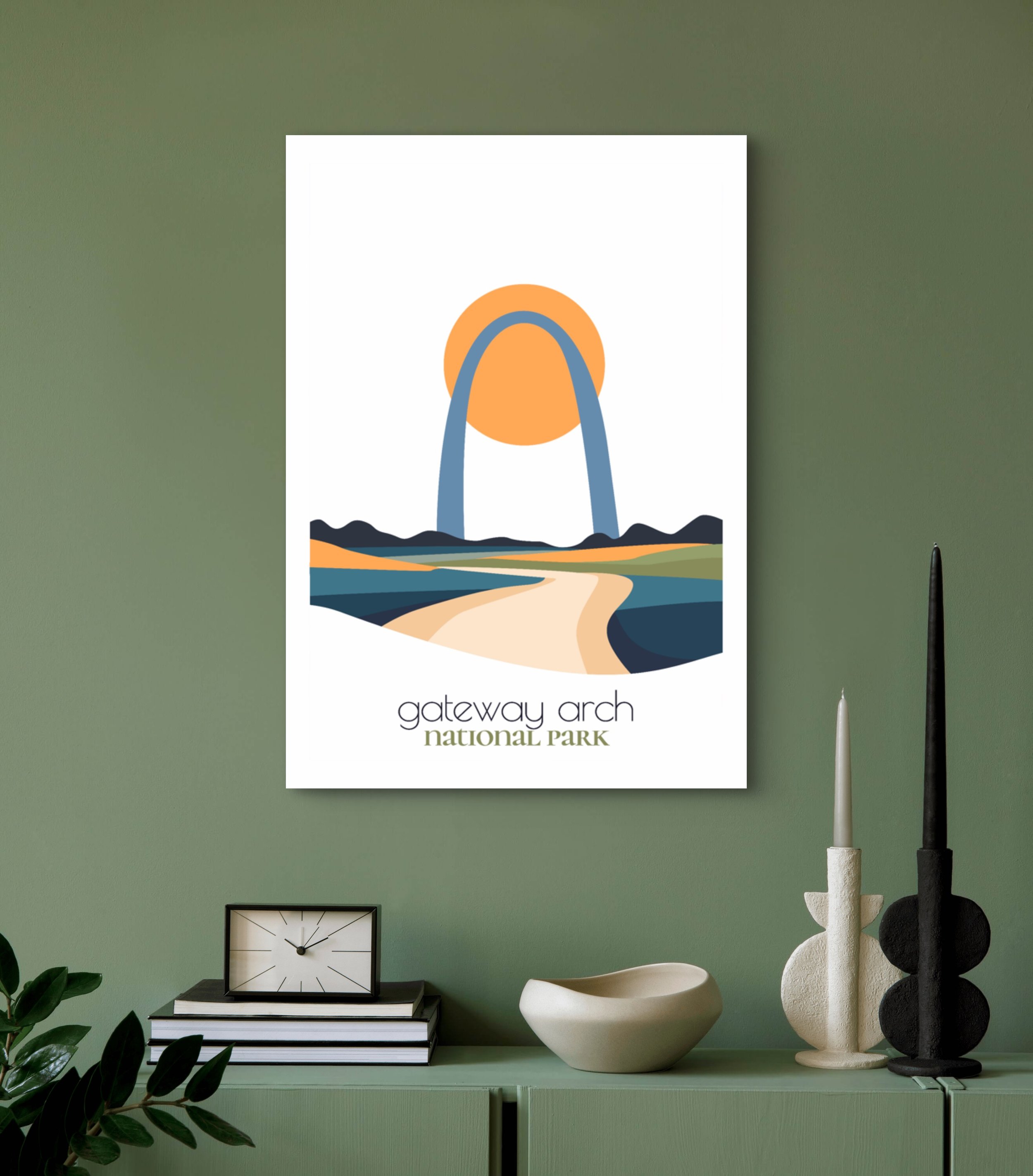 Modern Gateway Arch travel print for minimalist home office decor