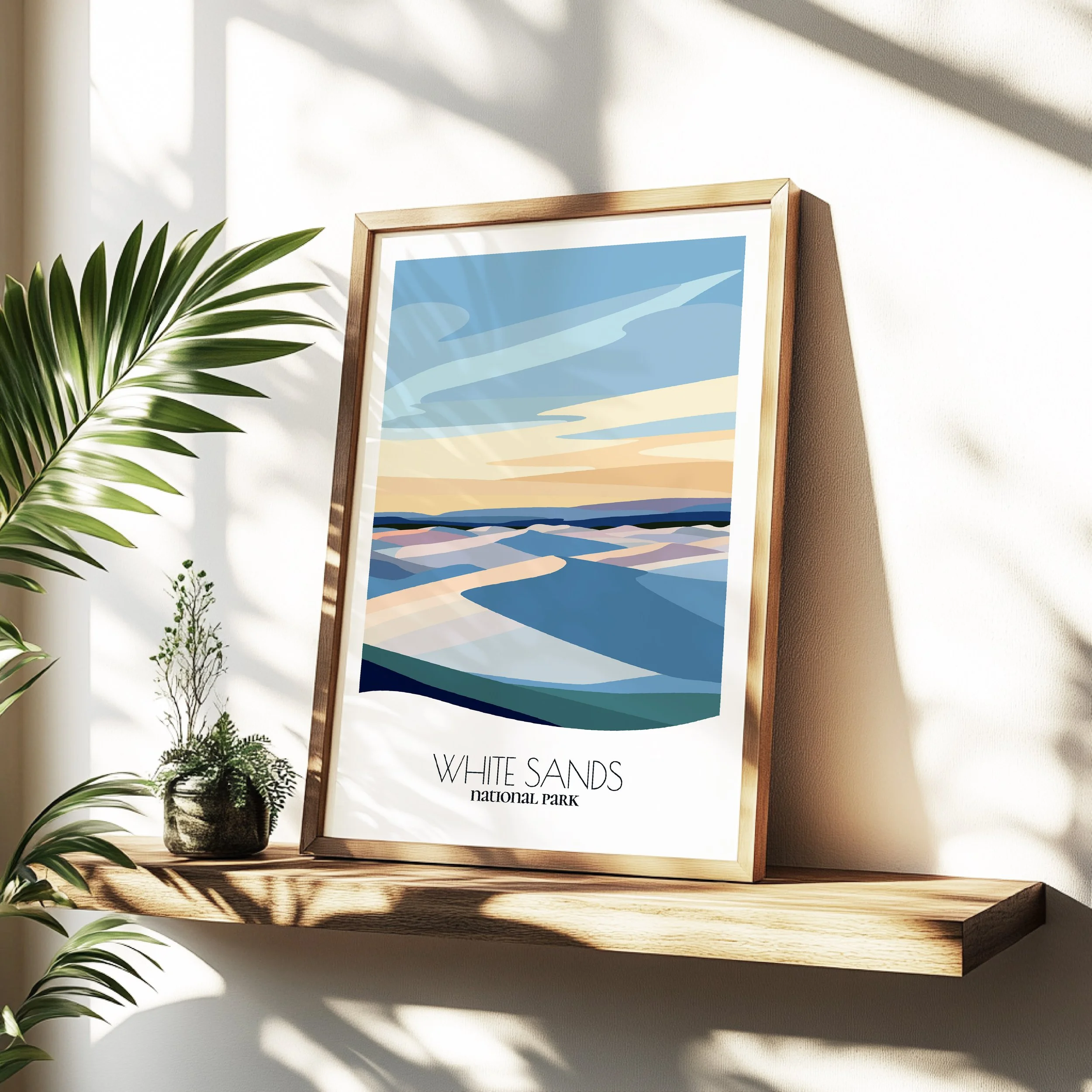 Minimalist travel poster of White Sands National Park with clean modern design for travelers.