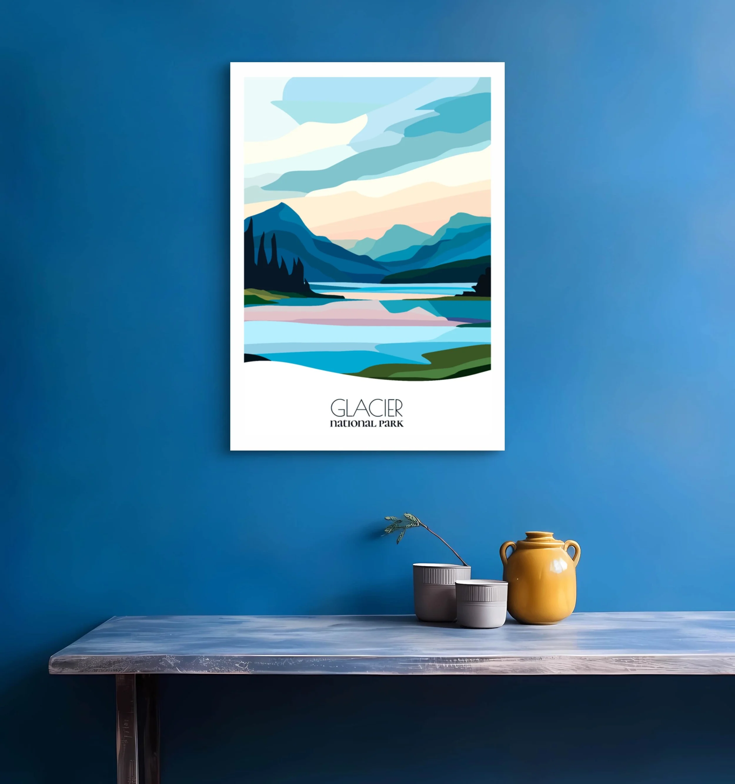 Bedroom print of Glacier National Park with calming minimalist composition for Montana homes.