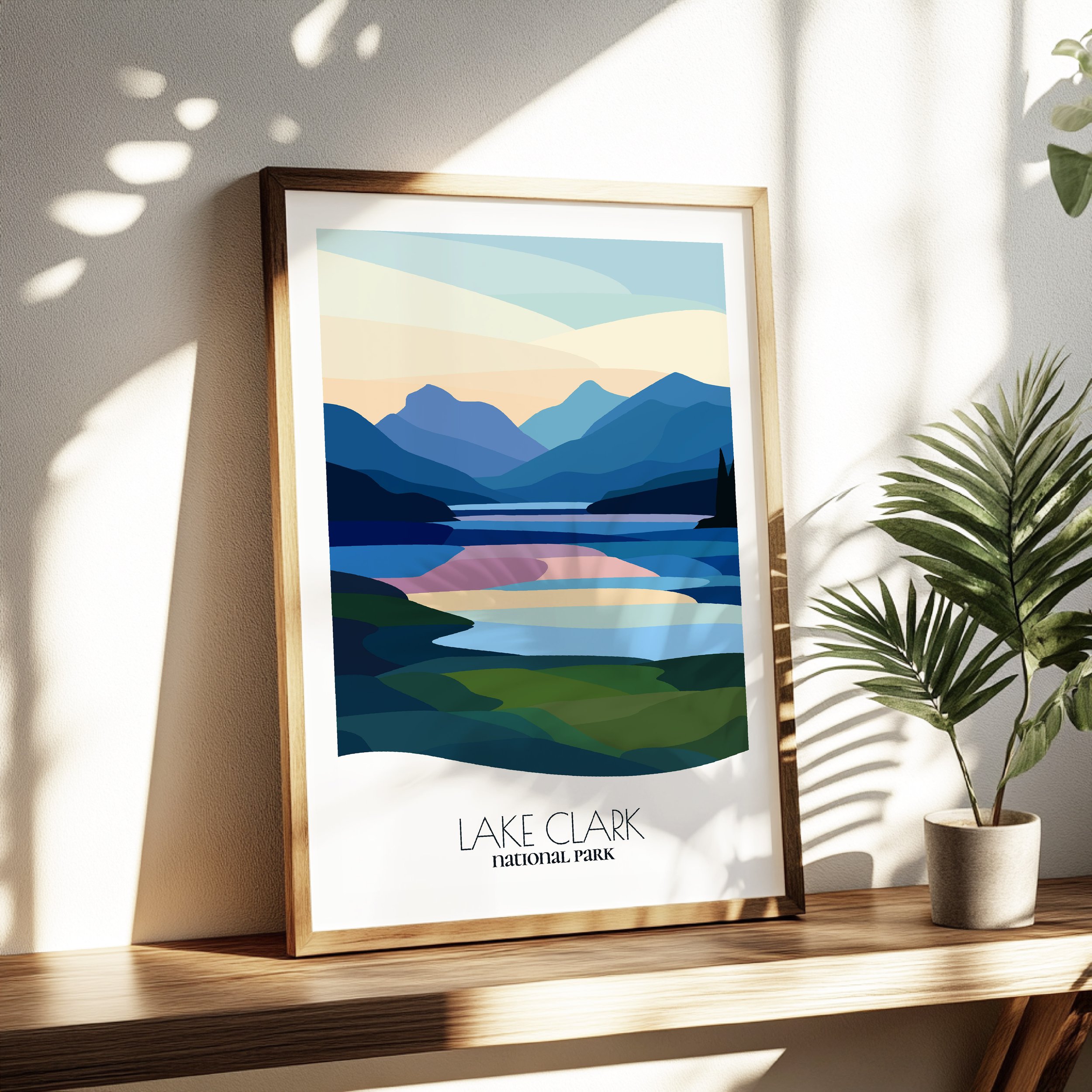 Living room wall decor featuring Lake Clark National Park in neutral tones for modern interiors.