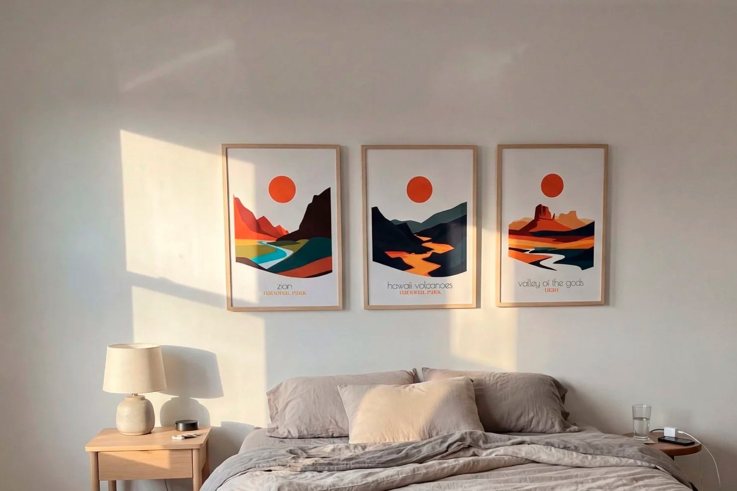 Three framed landscape posters with orange sun and colorful mountain scenery above a bed with beige bedding, a bedside table with a lamp, a glass of water, and a small electronic device, in a minimalist bedroom.