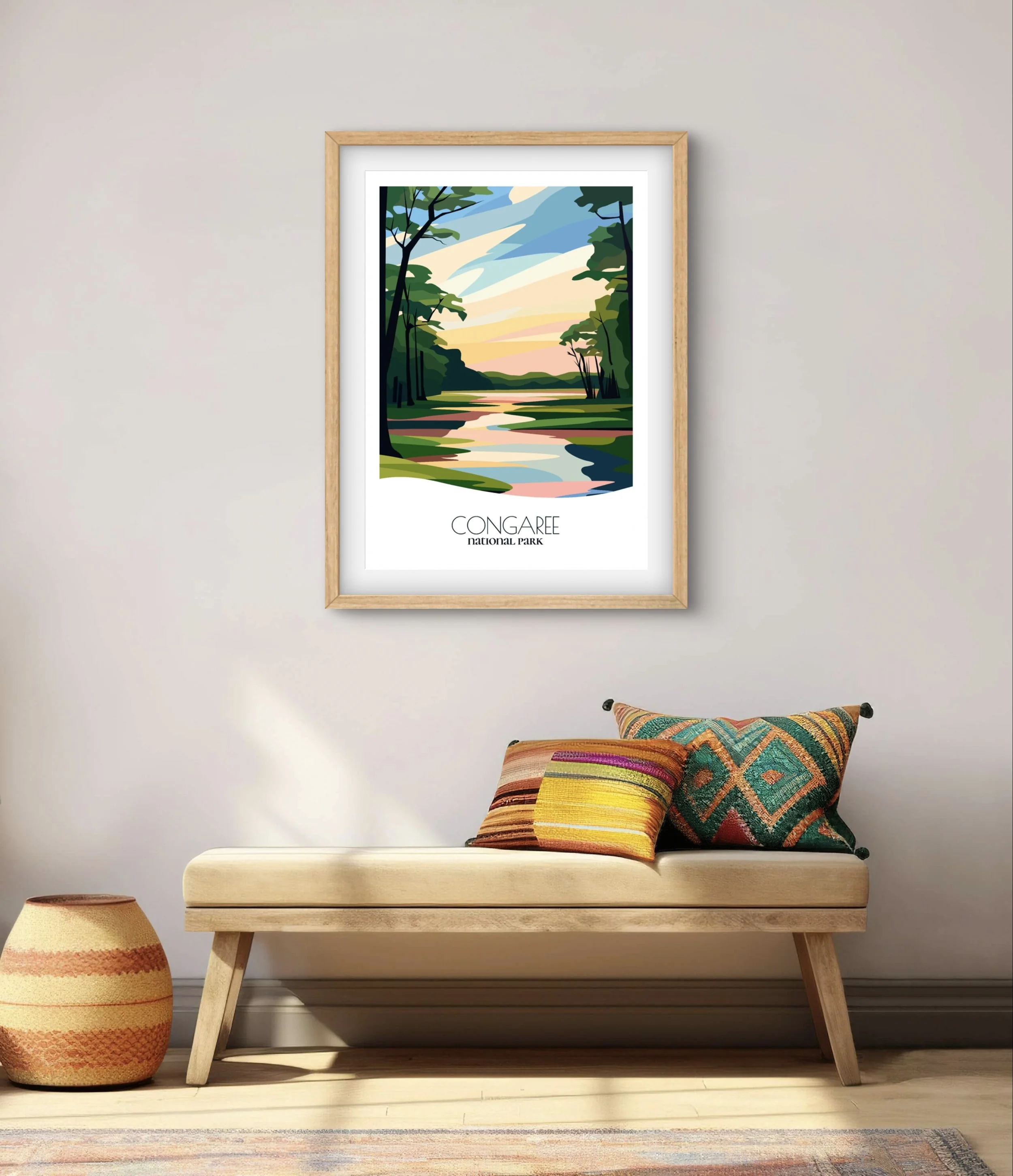 Modern minimalist art of Congaree National Park, versatile decor for home and office.