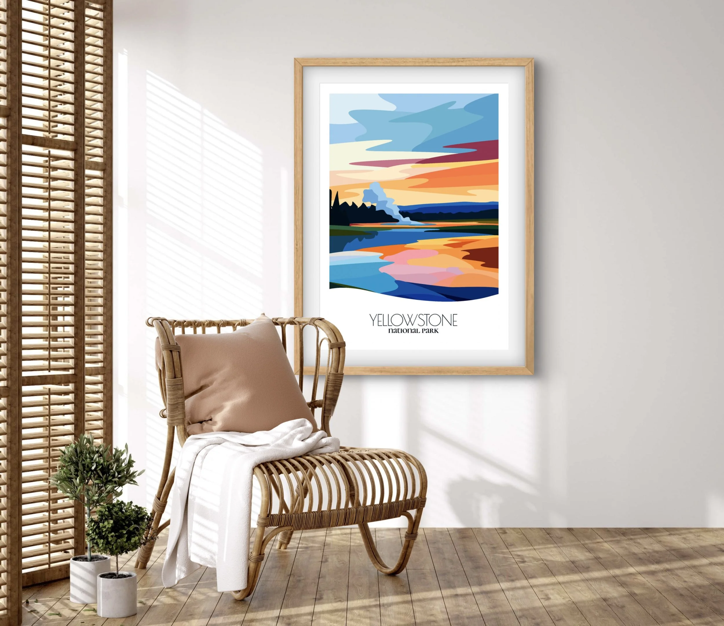 Retravell minimalist poster of Yellowstone National Park, branded travel art for collectors and fans.