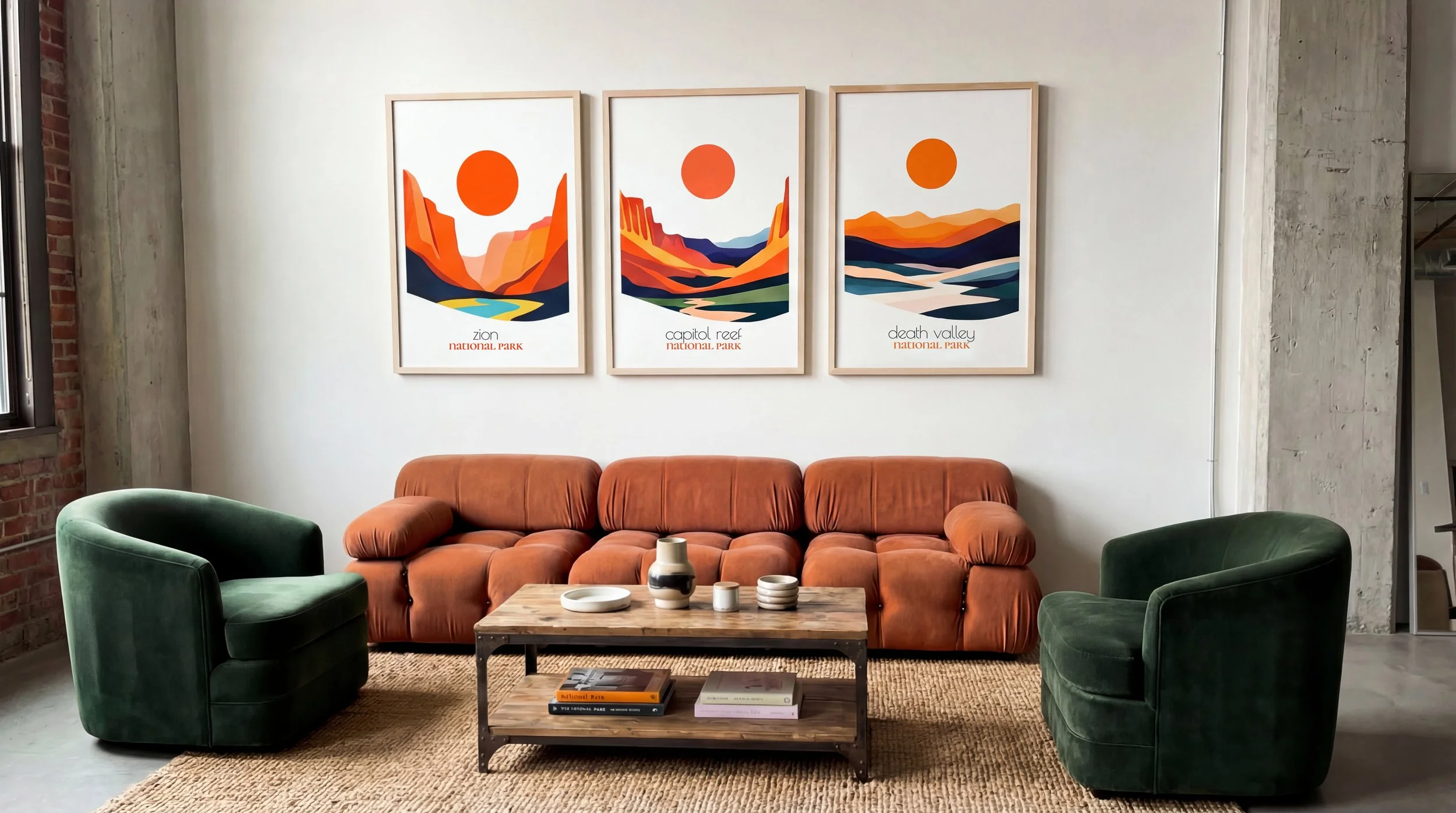 Minimalist Zion, Capitol Reef and Death Valley travel posters in modern 20th century living room. Clean wall art with canyon and desert forms.
