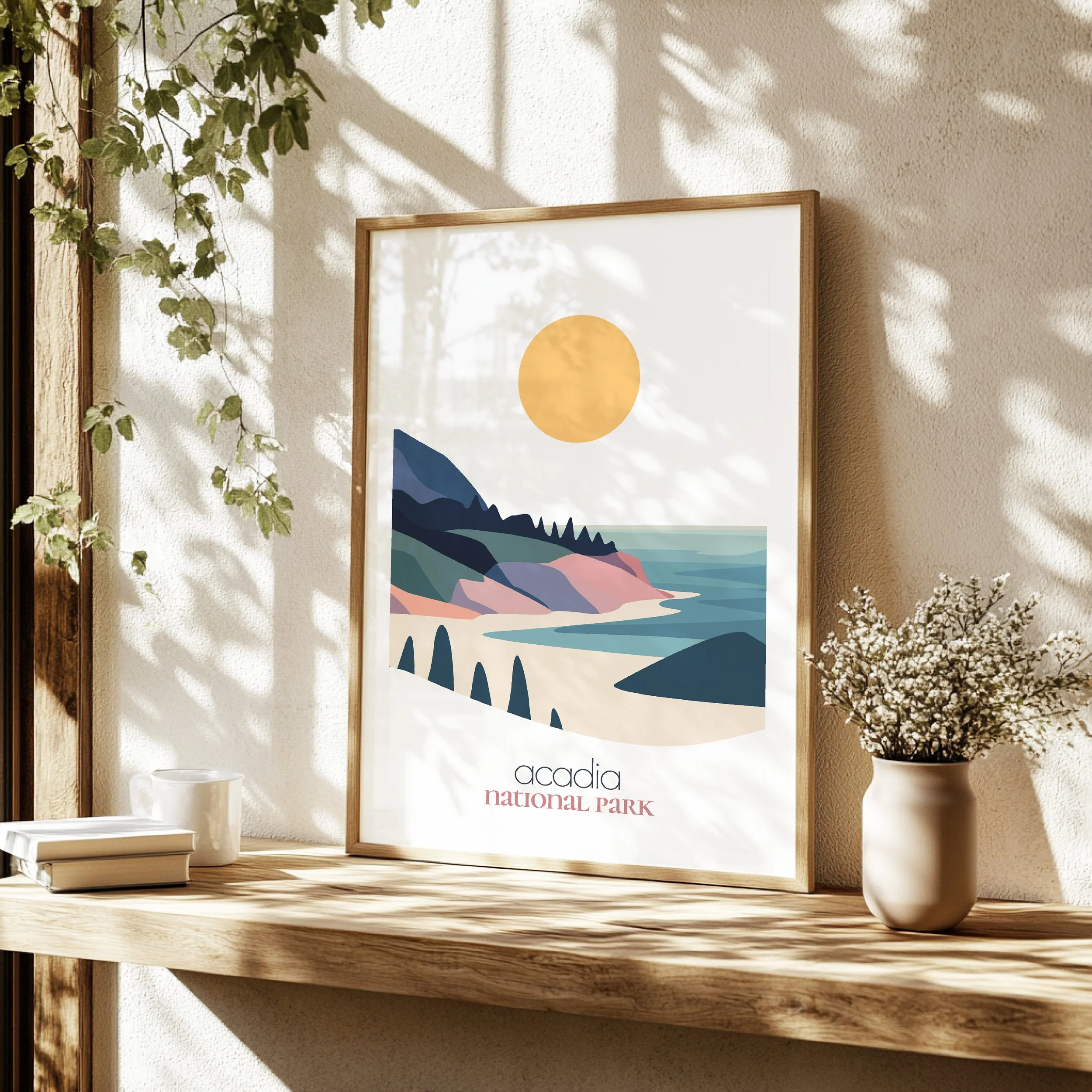 Detailed view of Acadia travel print - minimalist flat abstract print quality