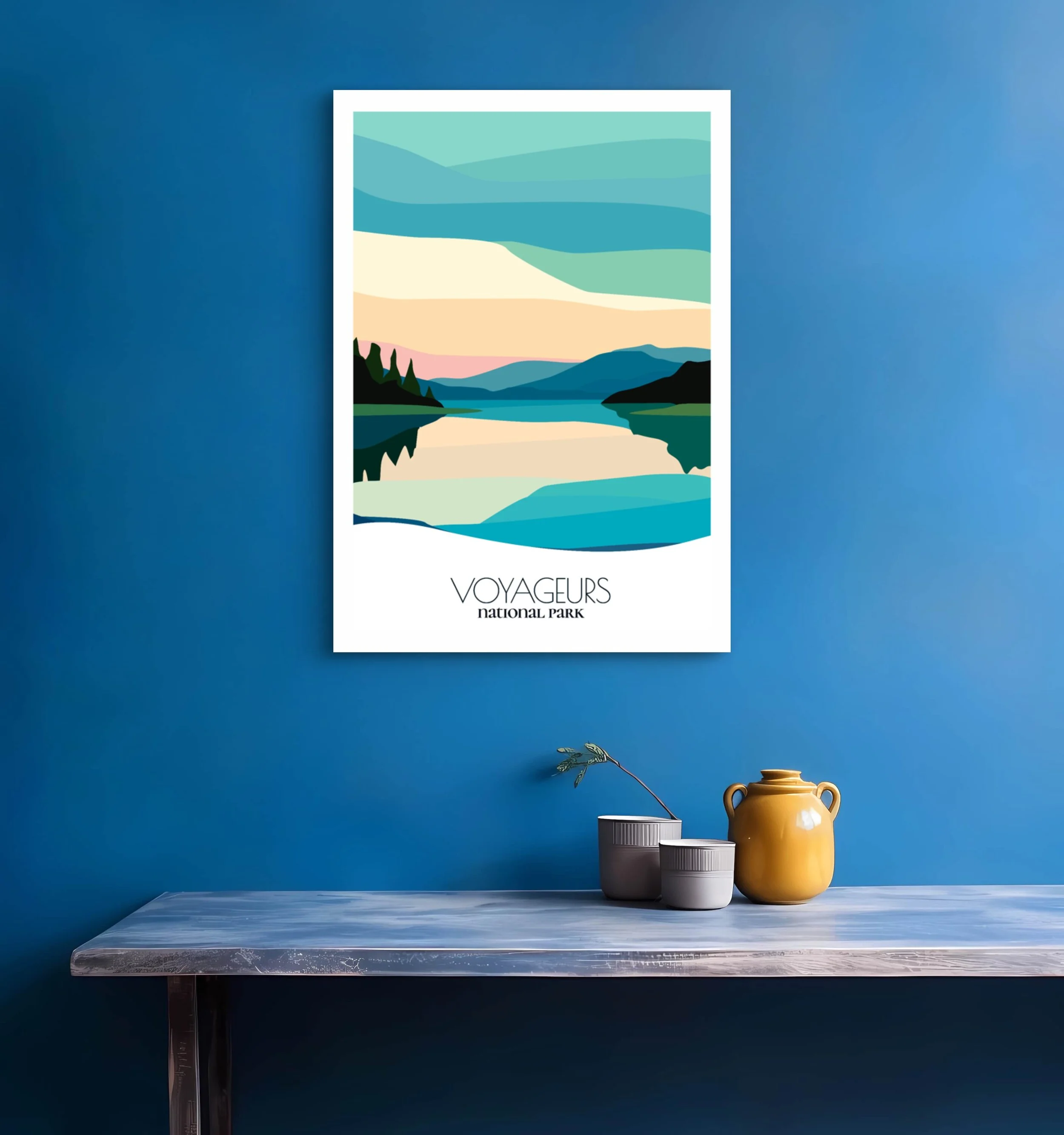 Bedroom print of Voyageurs National Park with calming minimalist composition for  Minnesota homes.