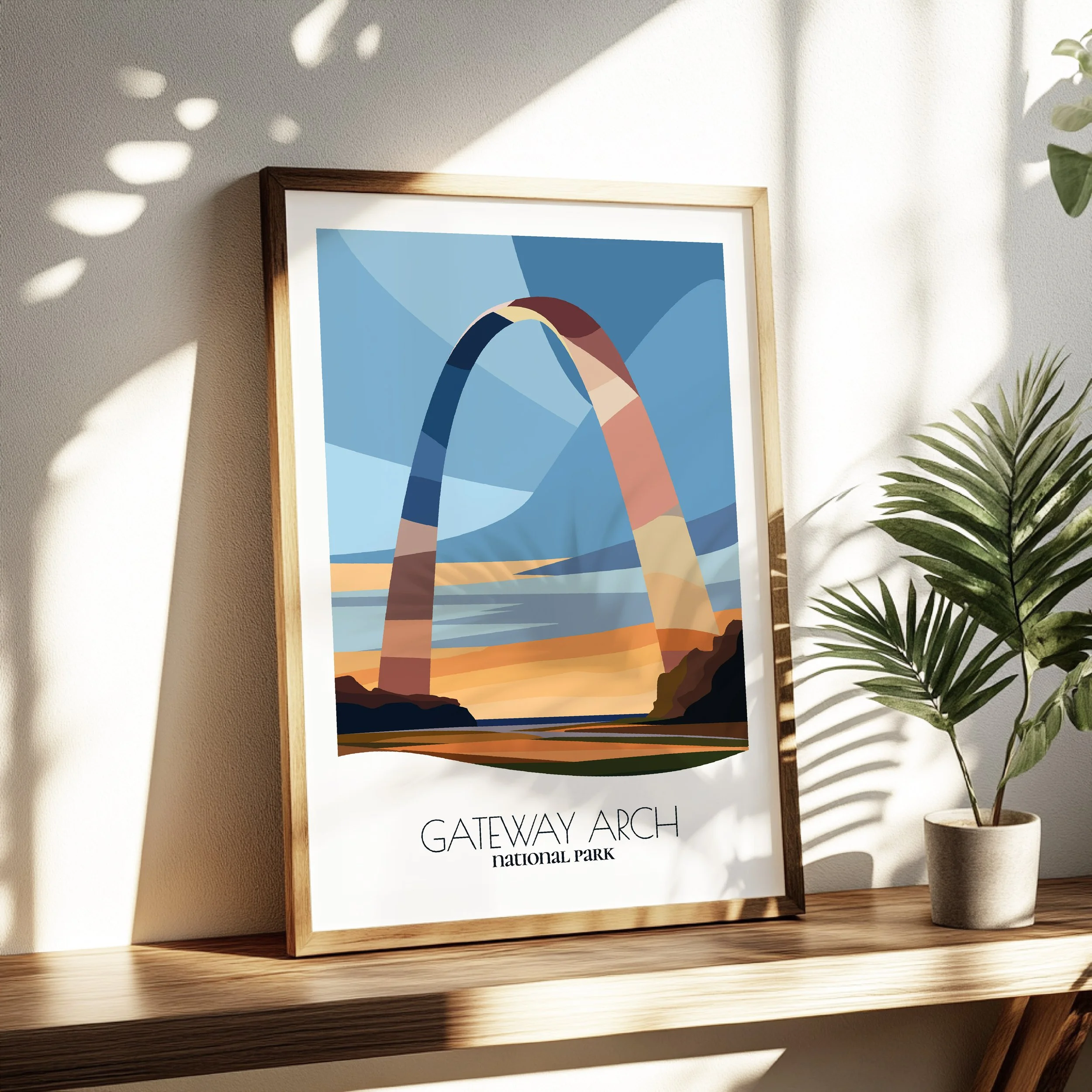 Living room wall decor featuring Gateway Arch National Park in neutral tones for modern interiors.