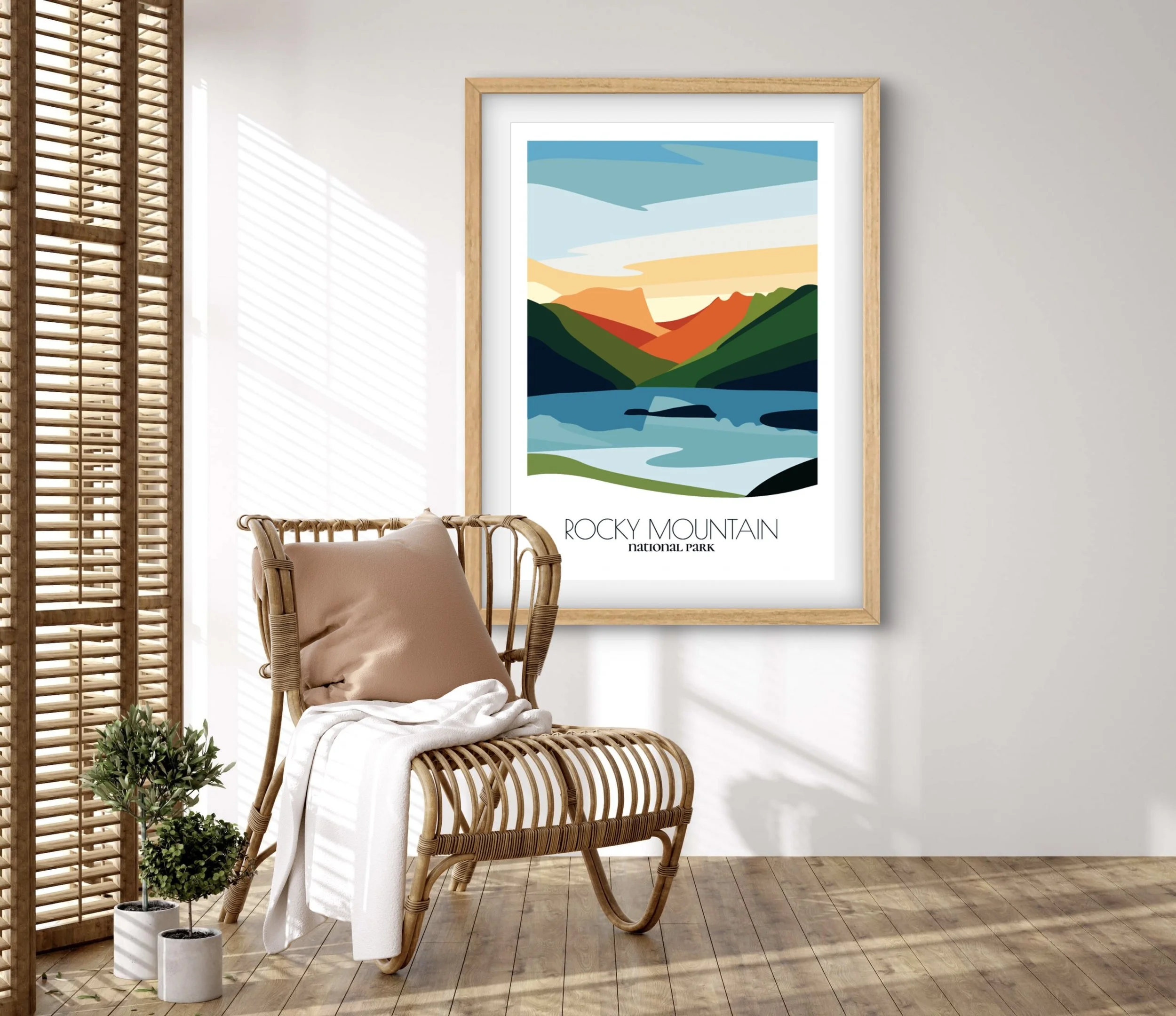 Retravell minimalist poster of Rocky Mountain National Park, branded travel art for collectors and fans.