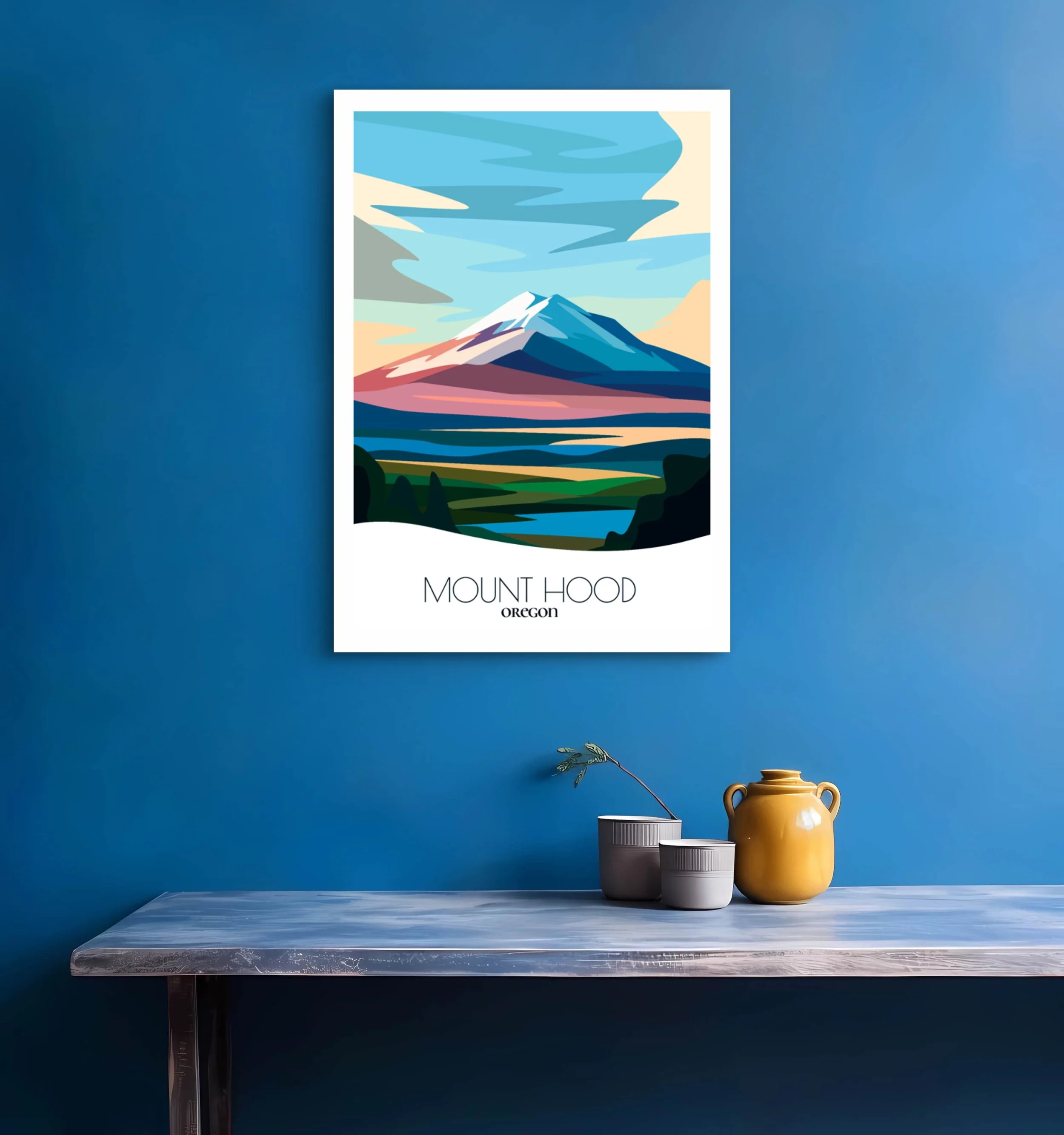Bedroom print of Mount Hood National Forest with calming minimalist composition for Oregon homes.