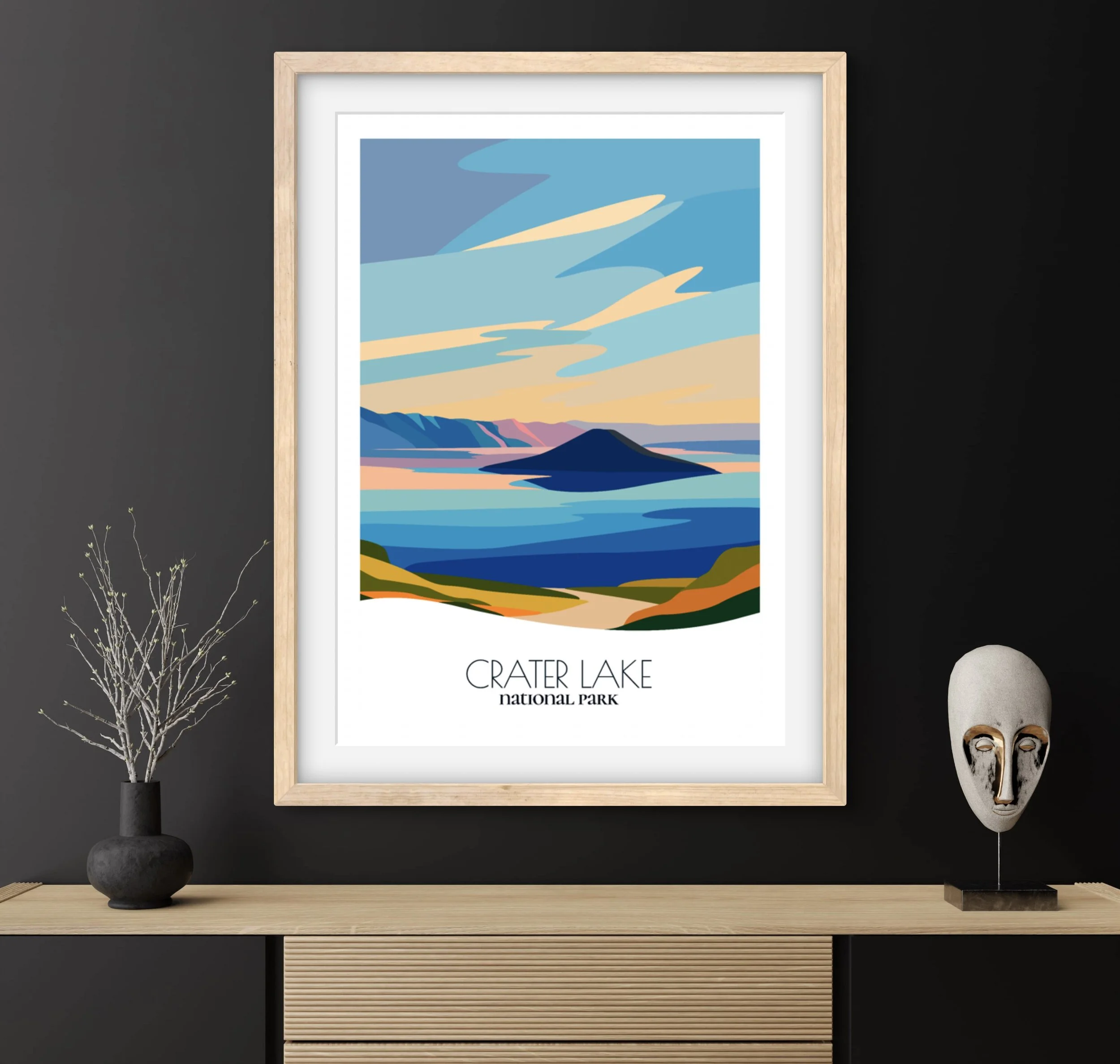 Travel gift idea: framed poster of Crater Lake National Park, ideal for adventure lovers.