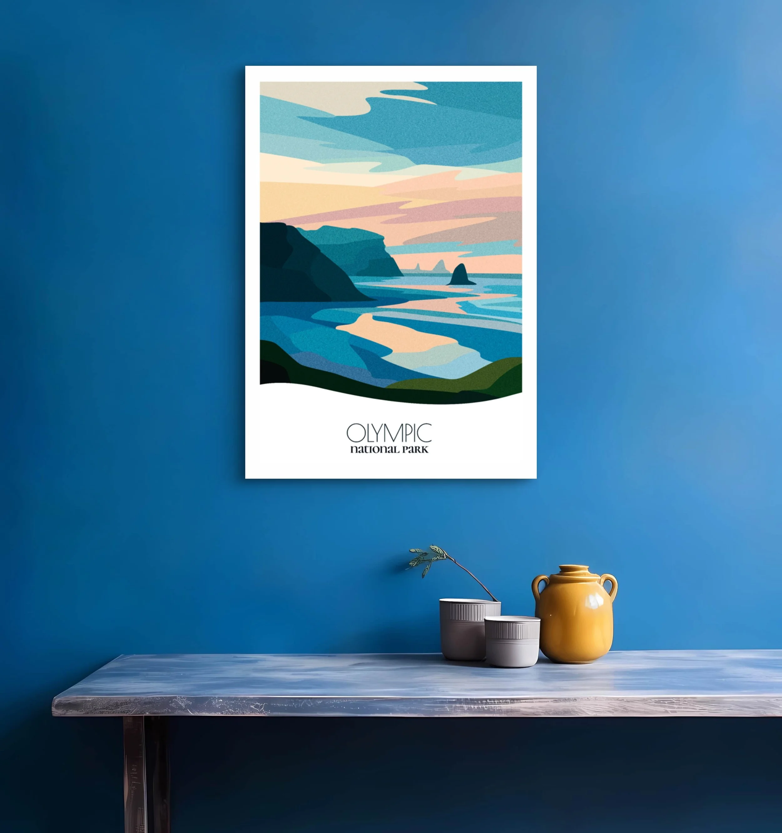 Bedroom print of Olympic  with calming minimalist composition for Washington homes.