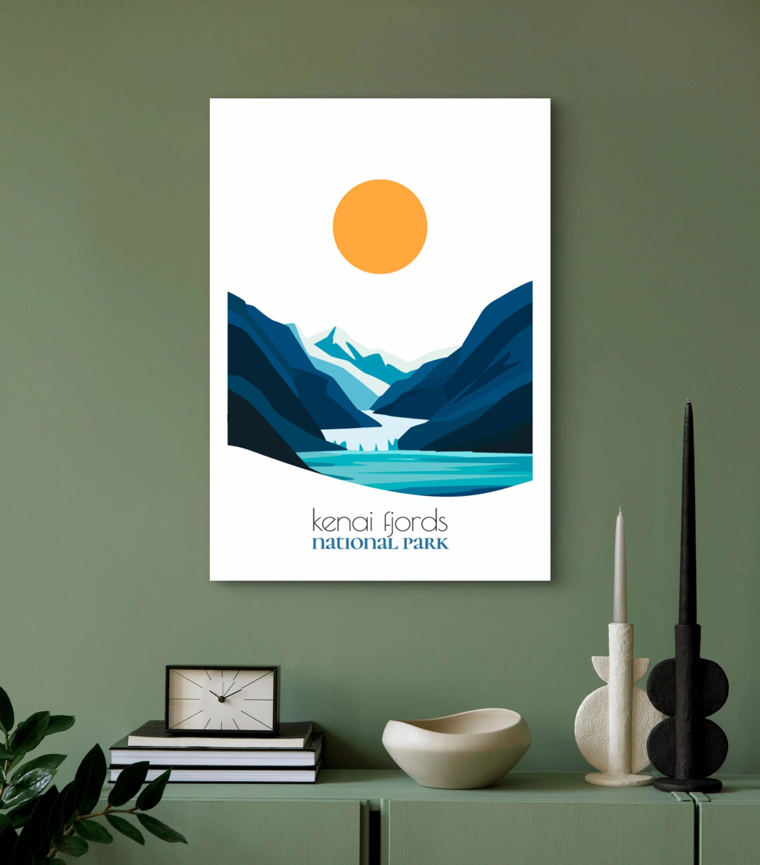 Modern kenai fjords travel print for minimalist home office decor