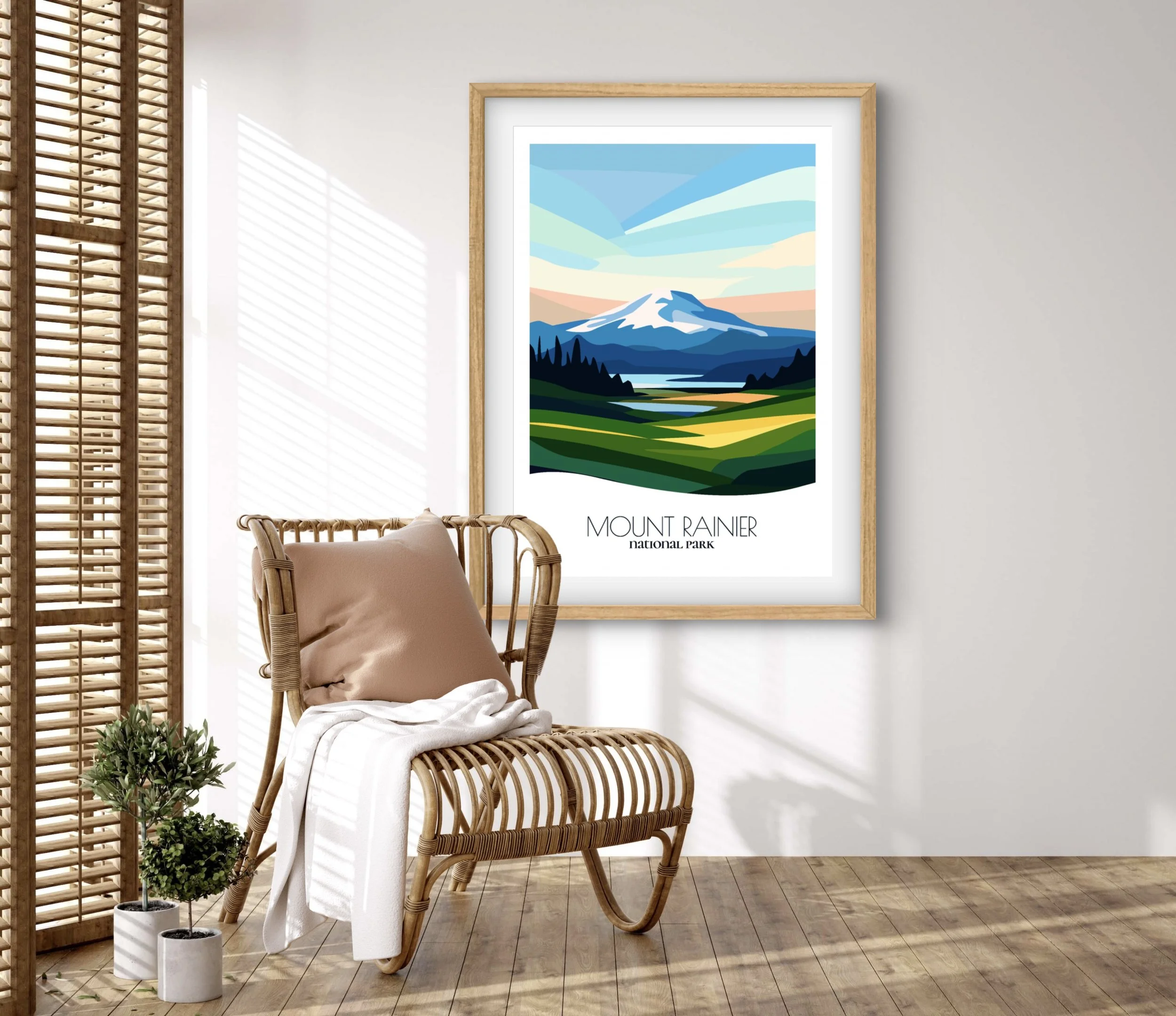 Retravell minimalist poster of Mount Rainier National Park, branded travel art for collectors and fans.