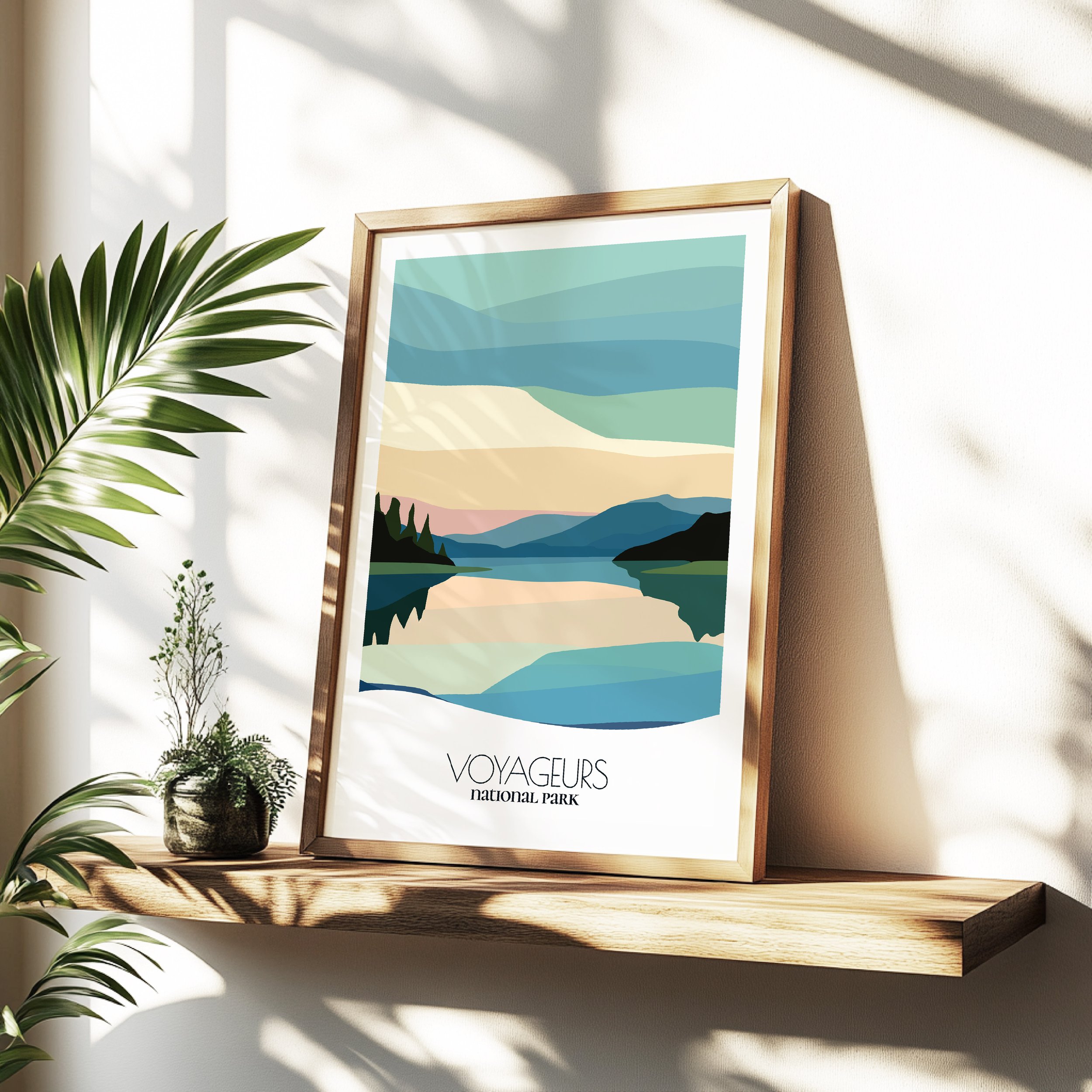 Minimalist travel poster of Voyageurs National Park with clean modern design for travelers.