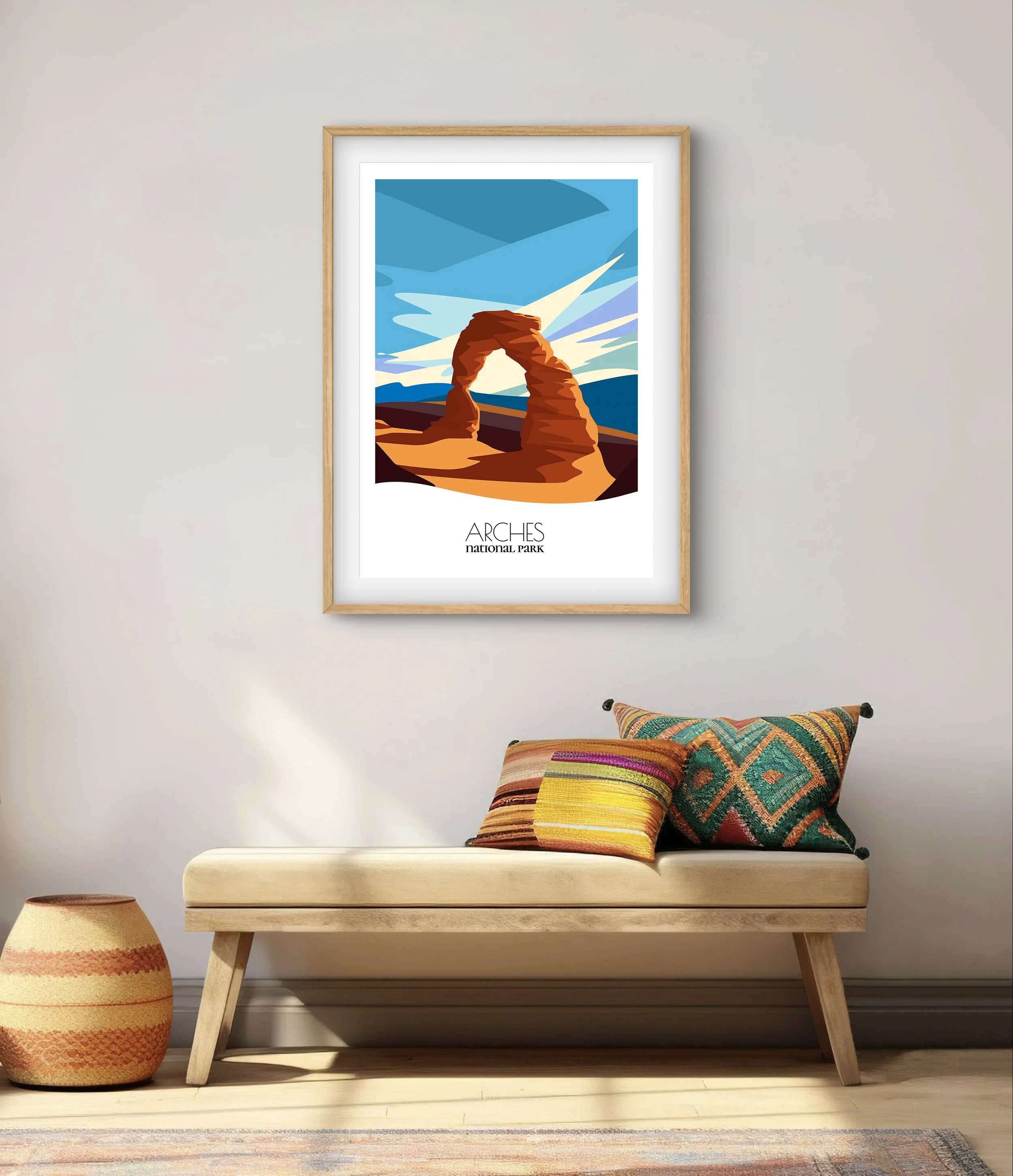 Modern minimalist art of Arches National Park, versatile decor for home and office.