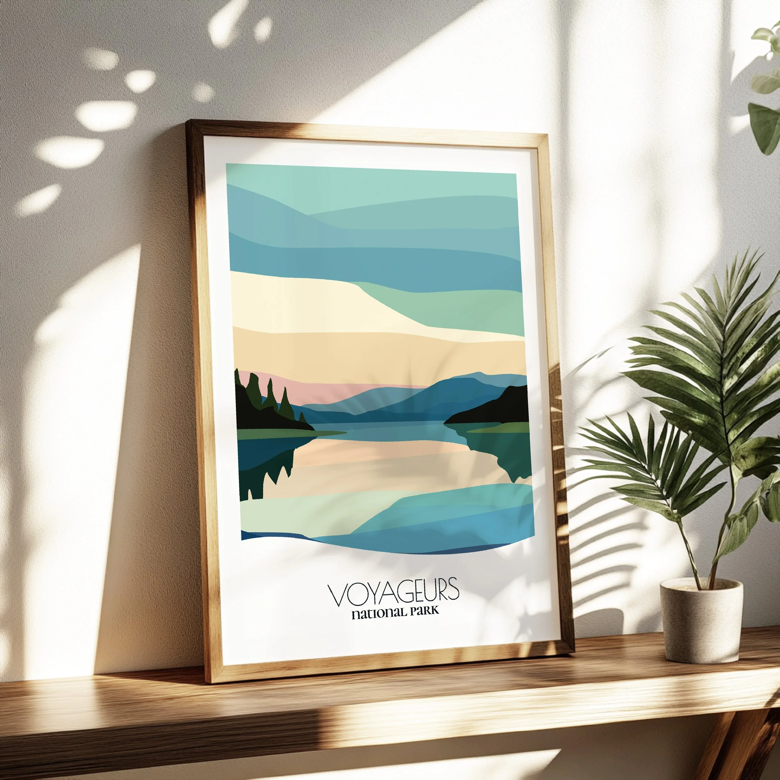 Living room wall decor featuring Voyageurs National Park in neutral tones for modern interiors.