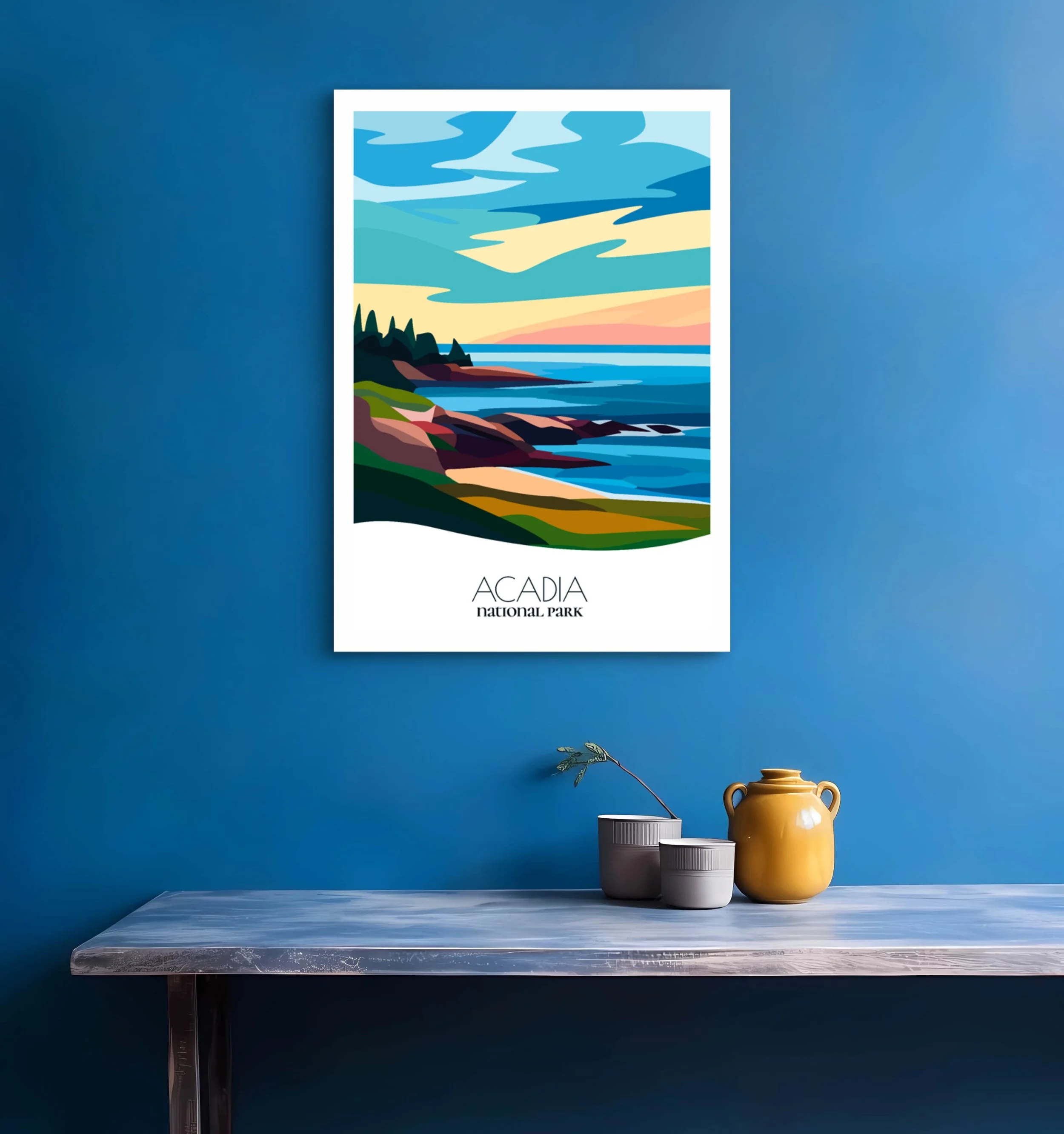 Bedroom print of Acadia National Park with calming minimalist composition for Maine homes.