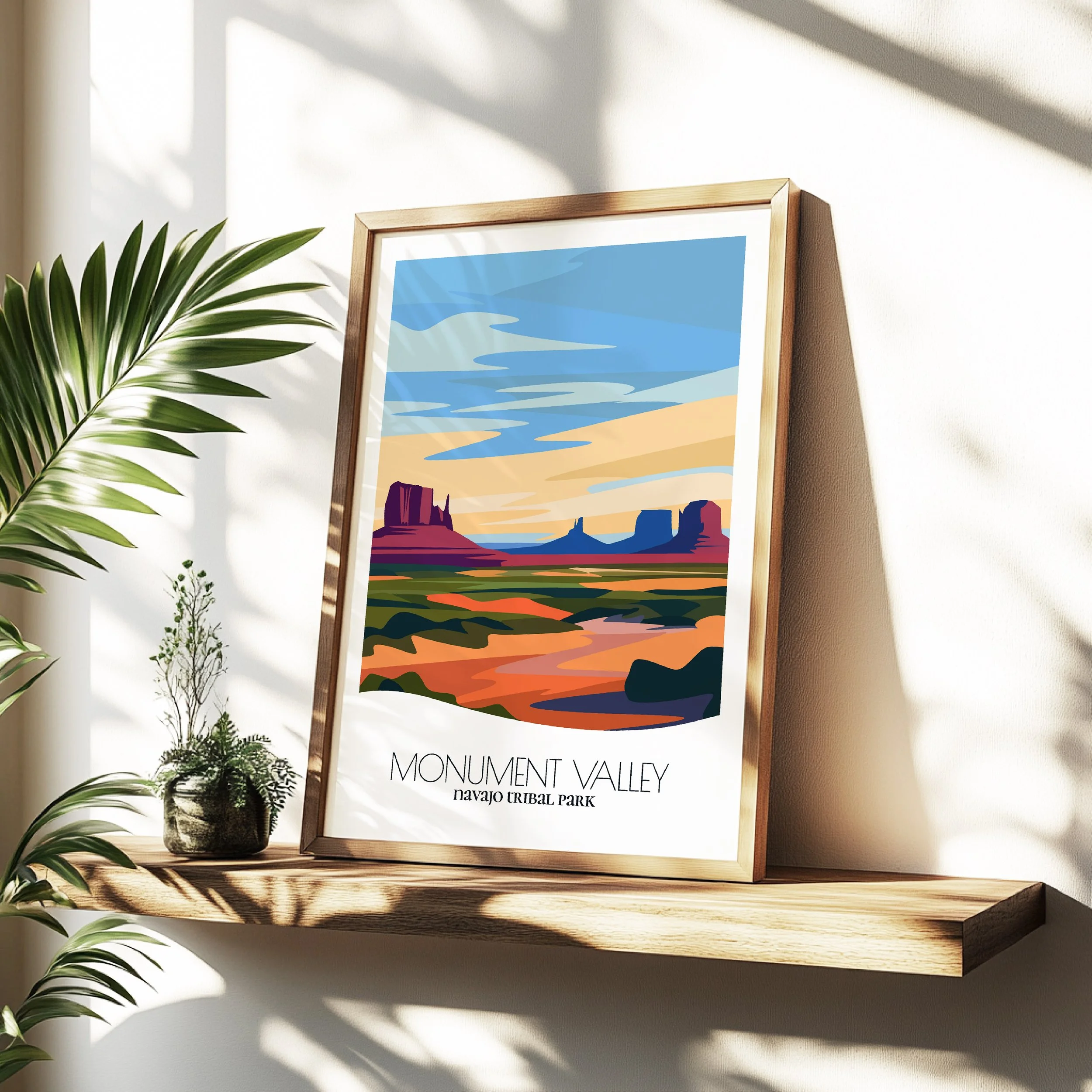 Minimalist travel poster of Monument Valley  with clean modern design for travelers.