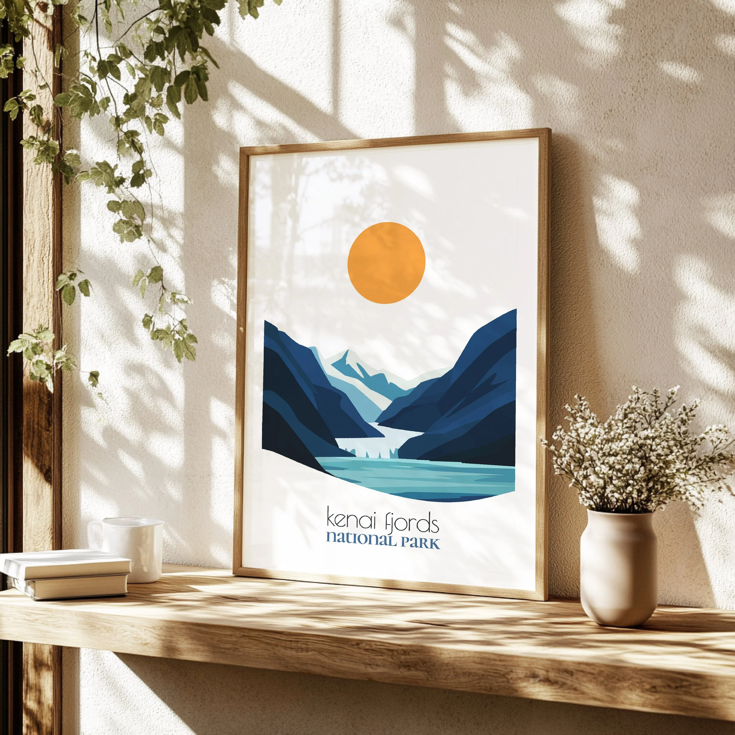 Detailed view of kenai fjords travel print - minimalist flat abstract print quality