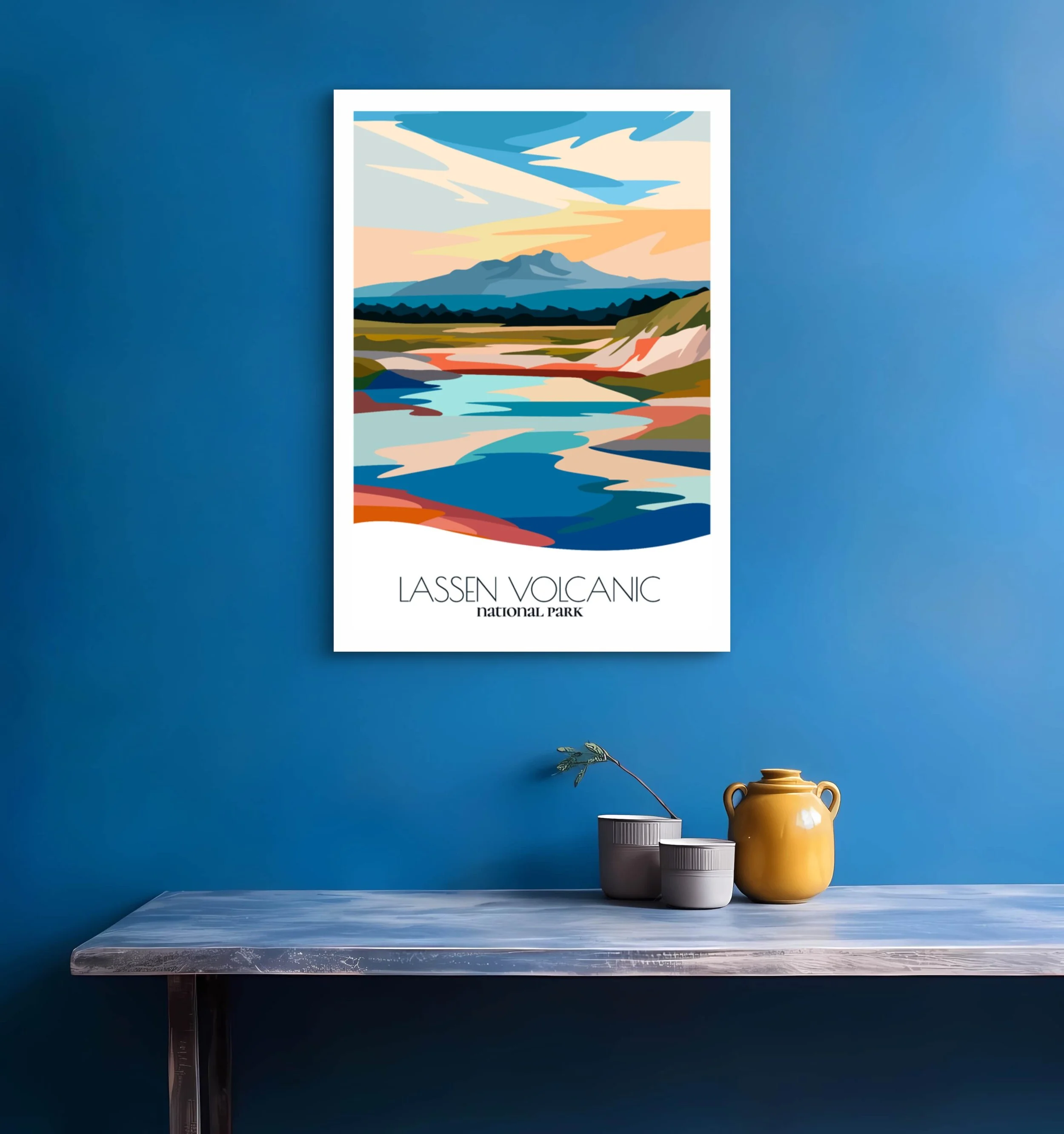 Bedroom print of lassen volcanic with calming minimalist composition for California homes.