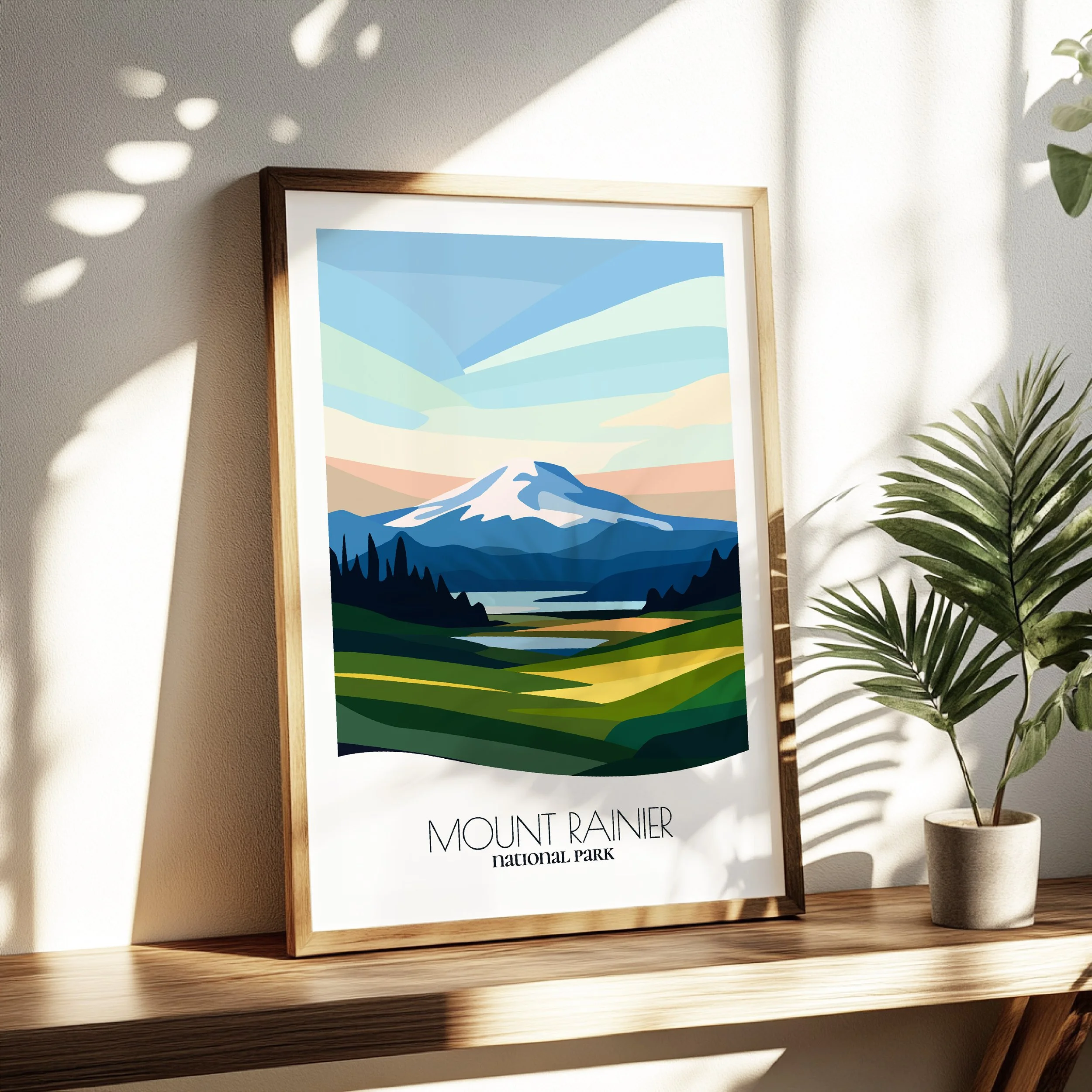Living room wall decor featuring Mount Rainier National Park in neutral tones for modern interiors.