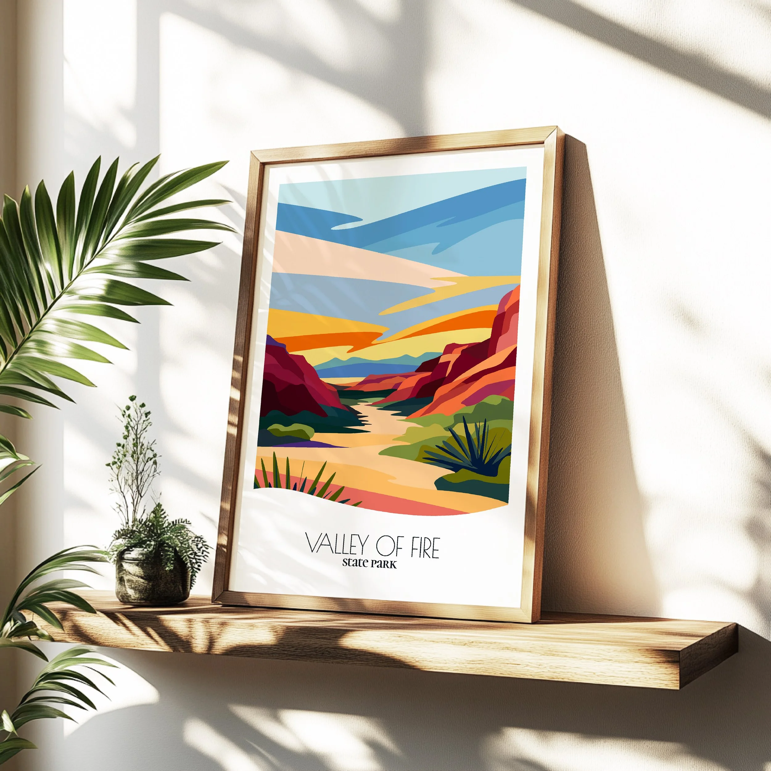 Minimalist travel poster of Valley of Fire State Park with clean modern design for travelers.