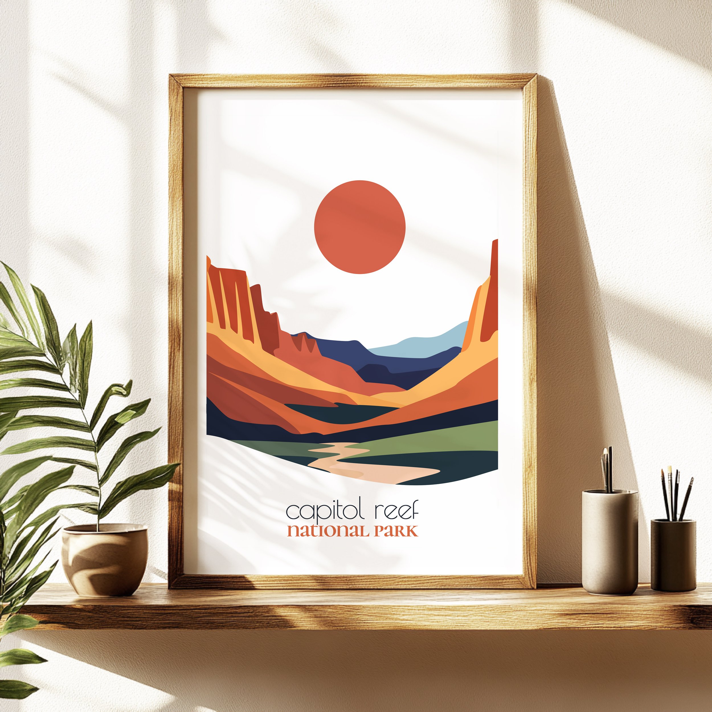 capitol reef travel poster in a minimalist living room design