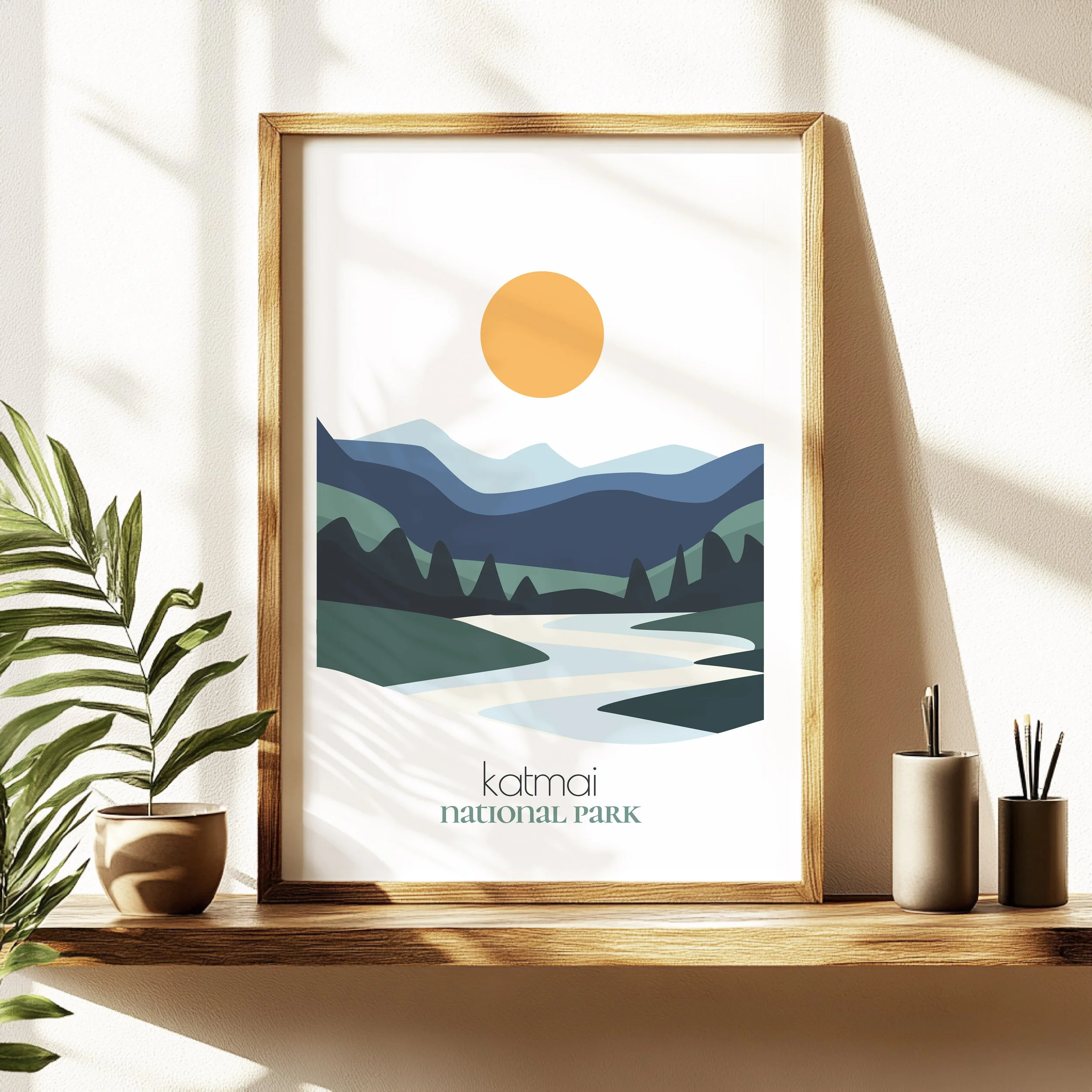 katmai travel poster in a minimalist living room design
