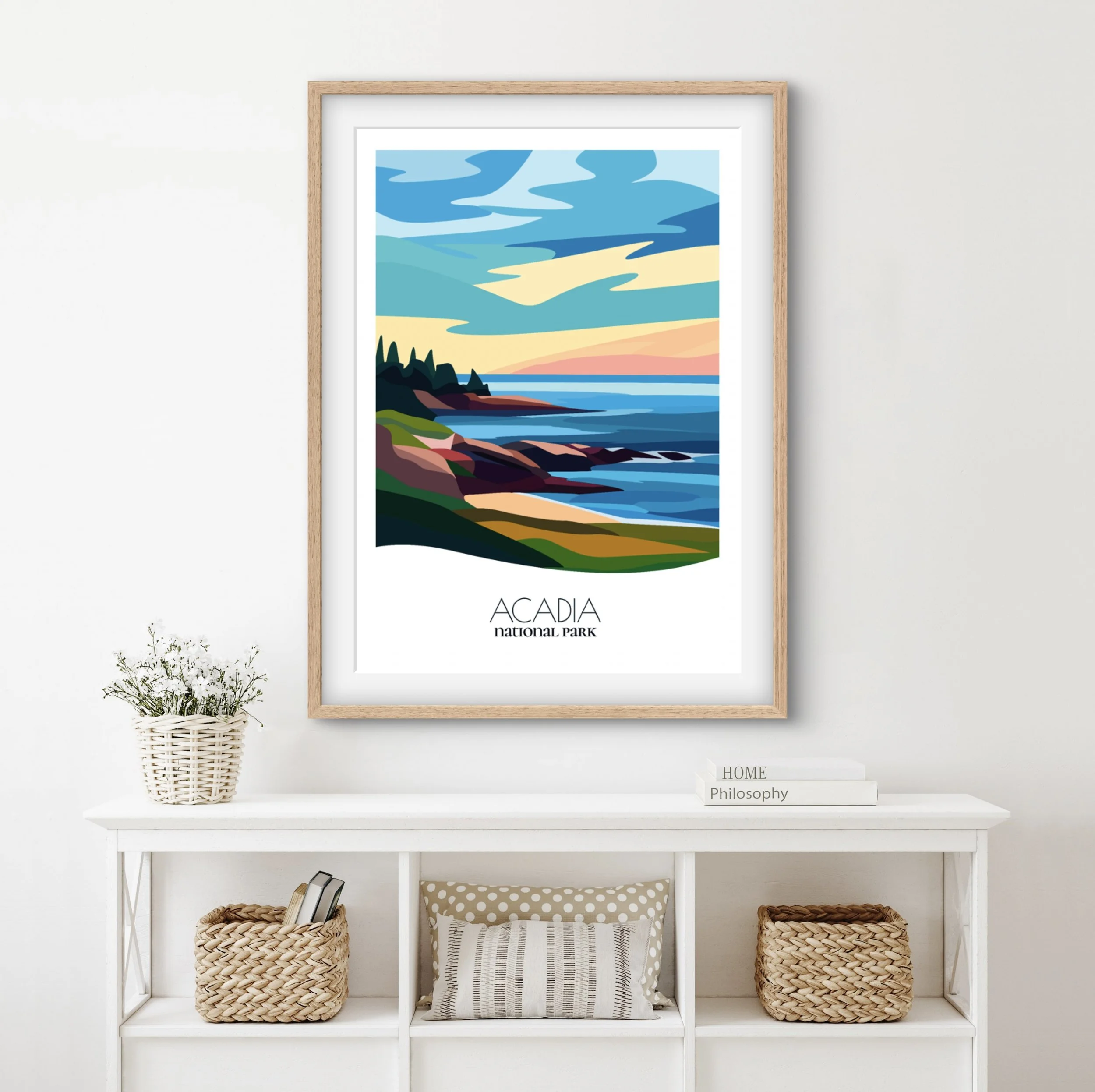 Home decor poster of Acadia National Park, premium print quality for stylish Maine interiors.