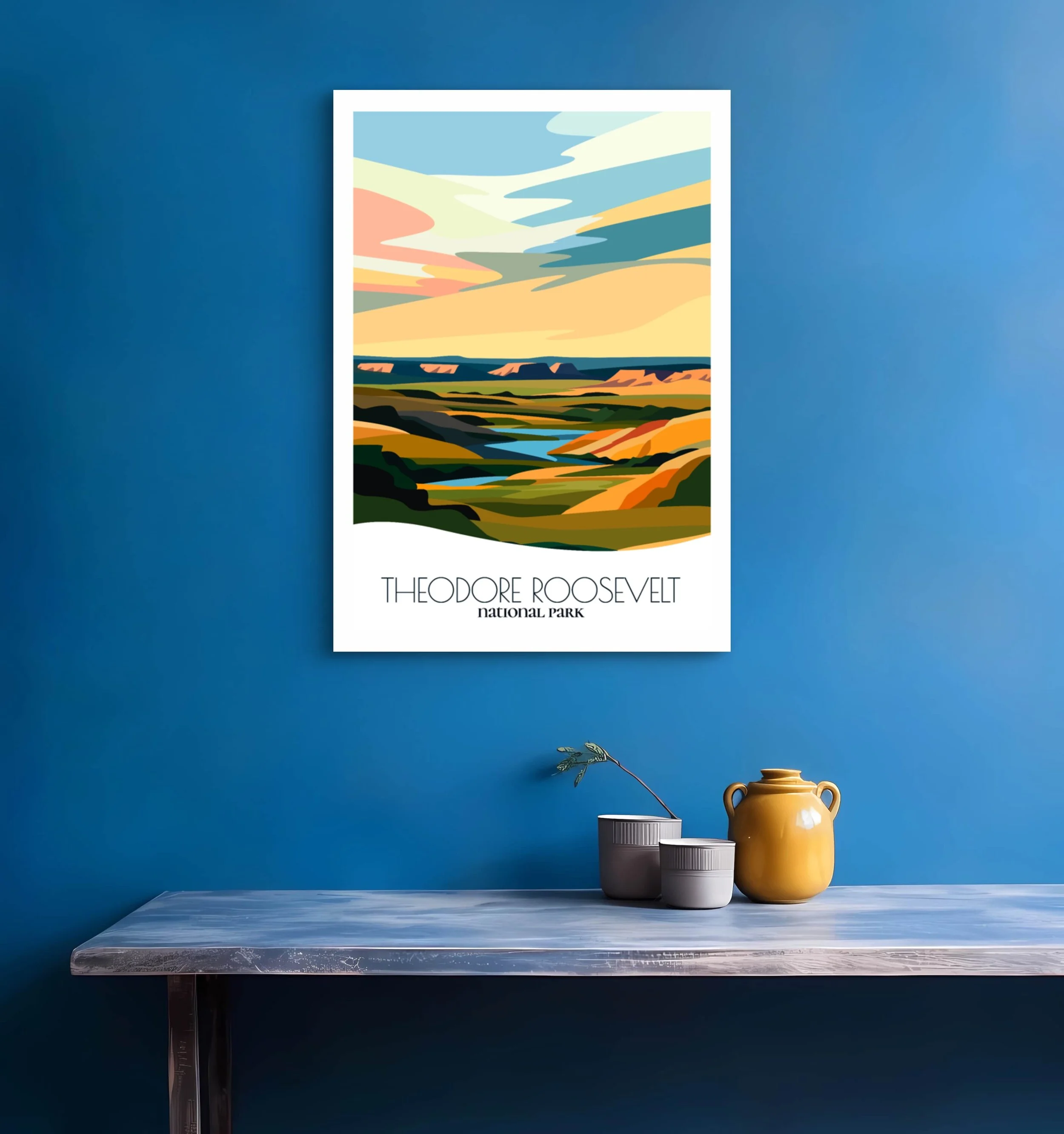 Bedroom print of Theodore Roosevelt National Park with calming minimalist composition for North Dakota homes.