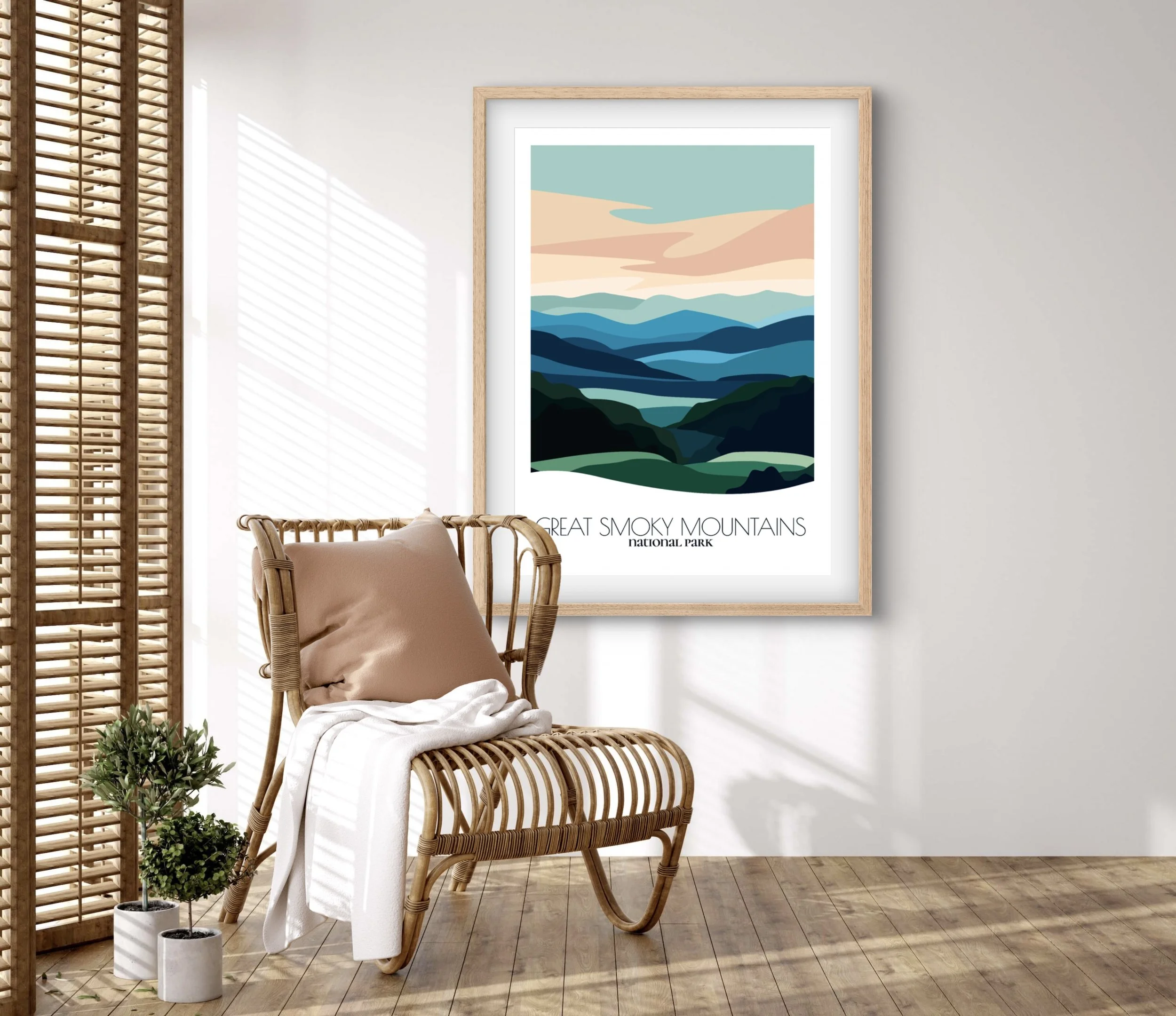Retravell minimalist poster of Great Smoky Mountains National Park, branded travel art for collectors and fans.