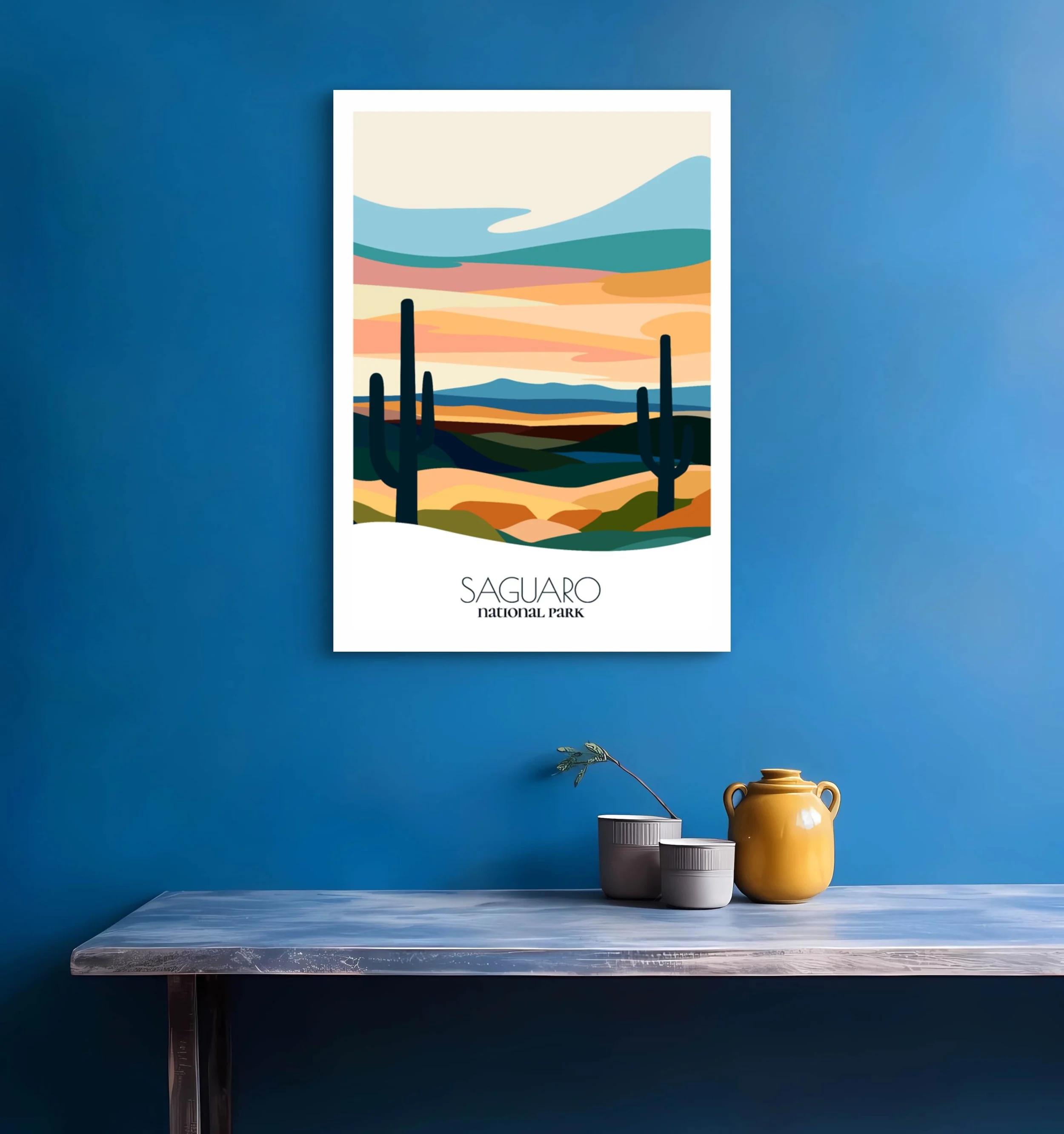 Bedroom print of Saguaro National Park with calming minimalist composition for Tucson, Arizona homes.